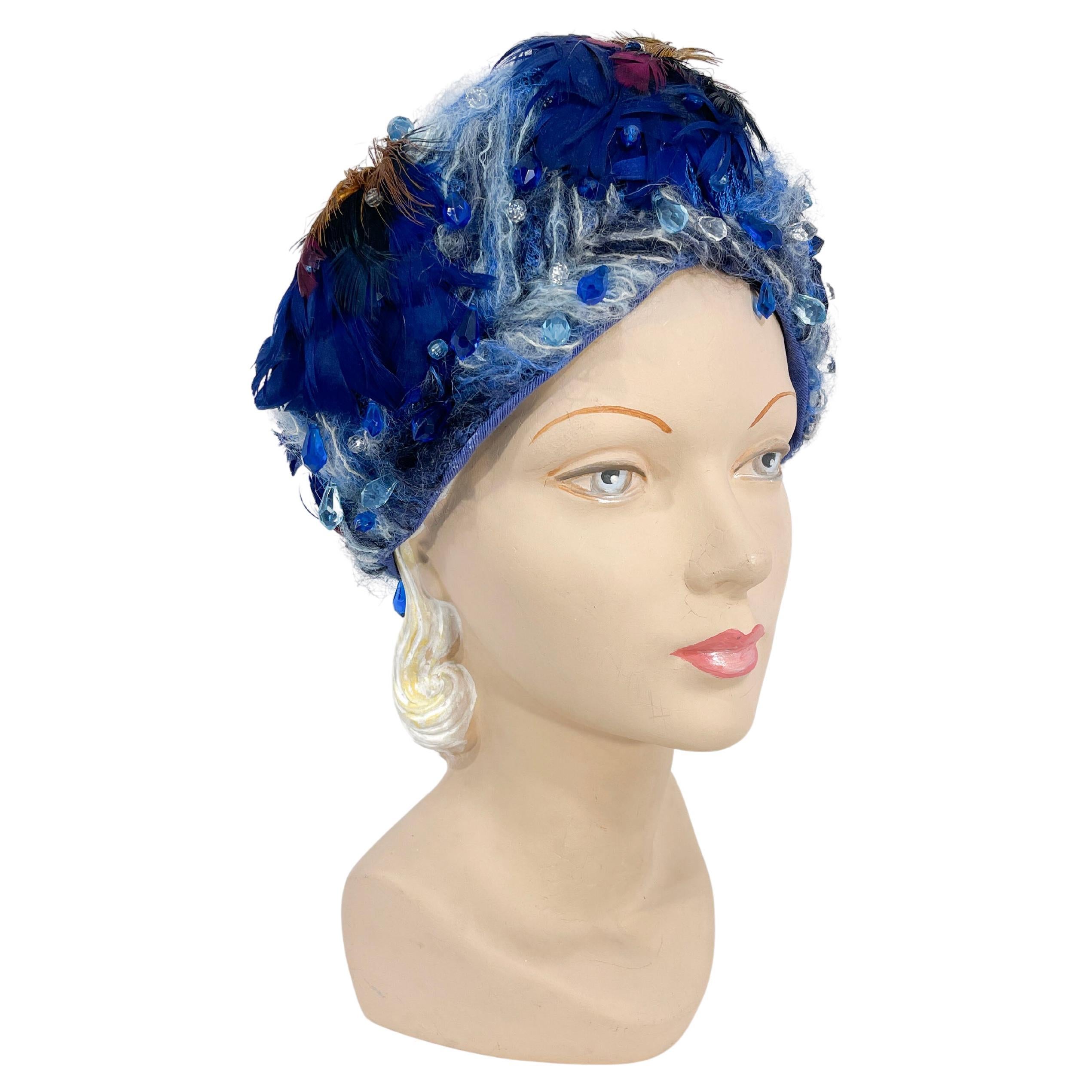 1960s Christian Dior Blue Feathered Tam For Sale