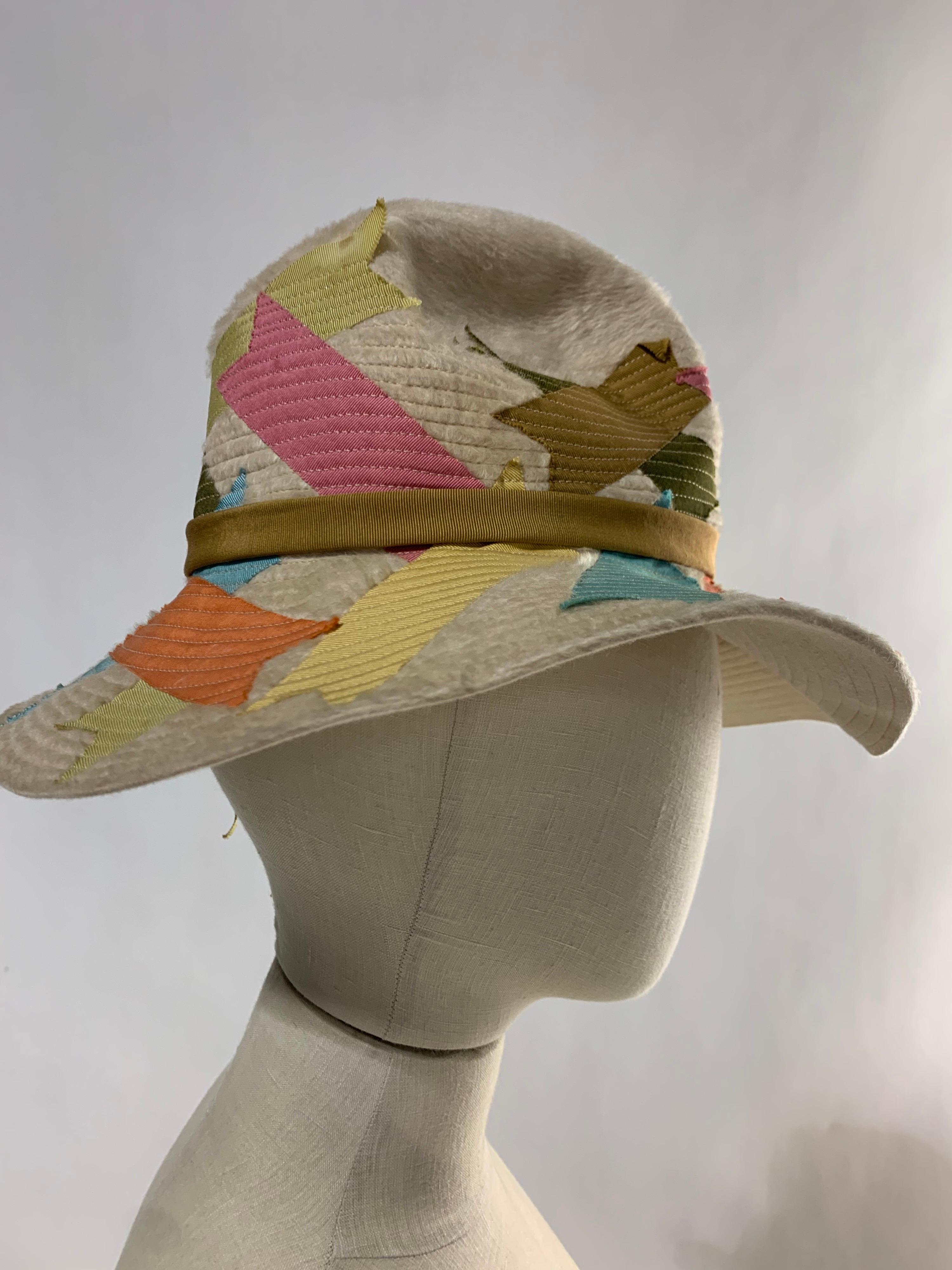 Brown 1960s Christian Dior Bone Felt Fedora w/ Colorful Grosgrain Ribbon Patches  For Sale