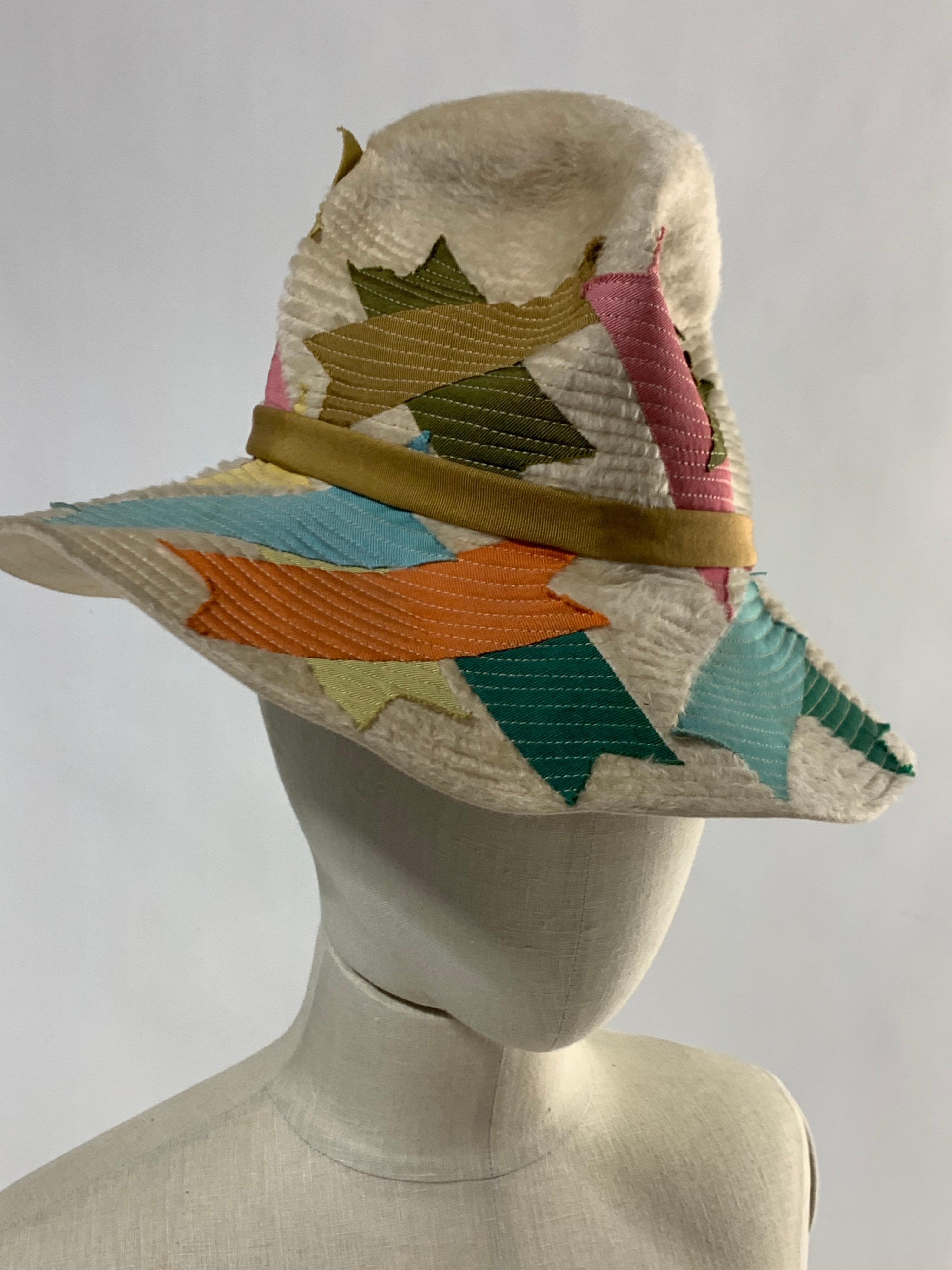 1960s Christian Dior Bone Felt Fedora w/ Colorful Grosgrain Ribbon Patches  In Excellent Condition For Sale In Gresham, OR