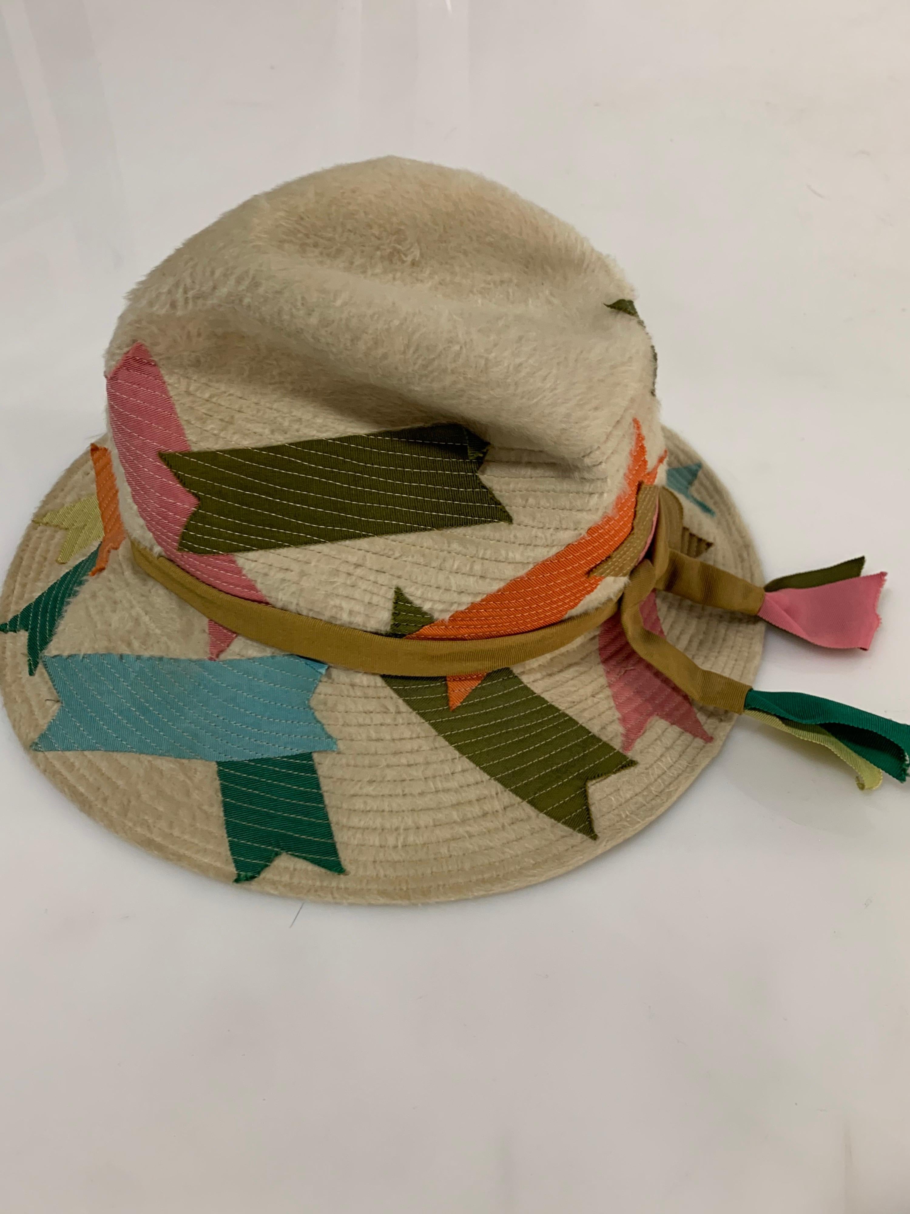 Women's or Men's 1960s Christian Dior Bone Felt Fedora w/ Colorful Grosgrain Ribbon Patches  For Sale