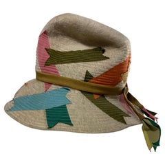 1960s Christian Dior Bone Felt Fedora w/ Colorful Grosgrain Ribbon Patches