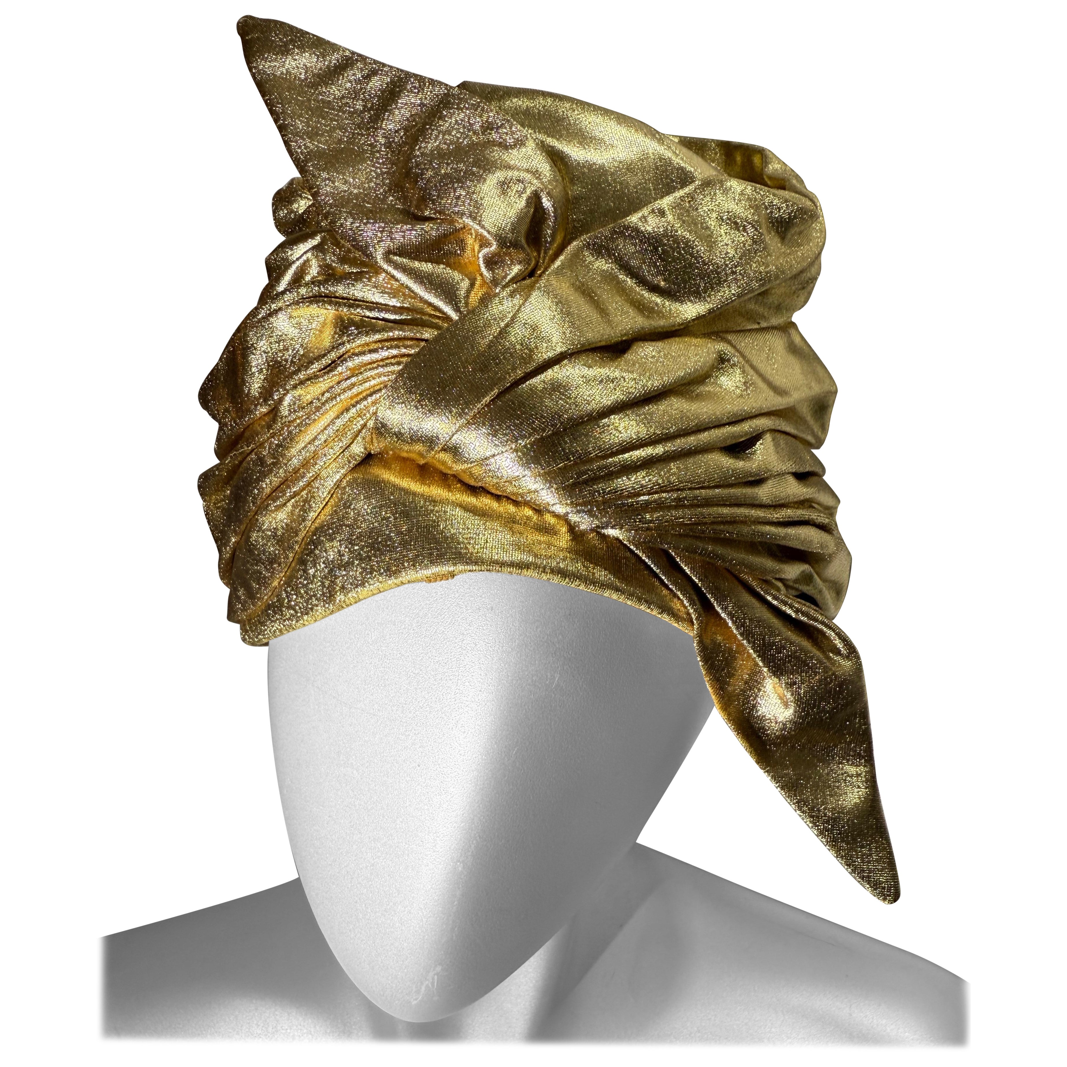 1960s Christian Dior Brilliant Gold Lamé Wrapped Turban w Faux Knotted Front