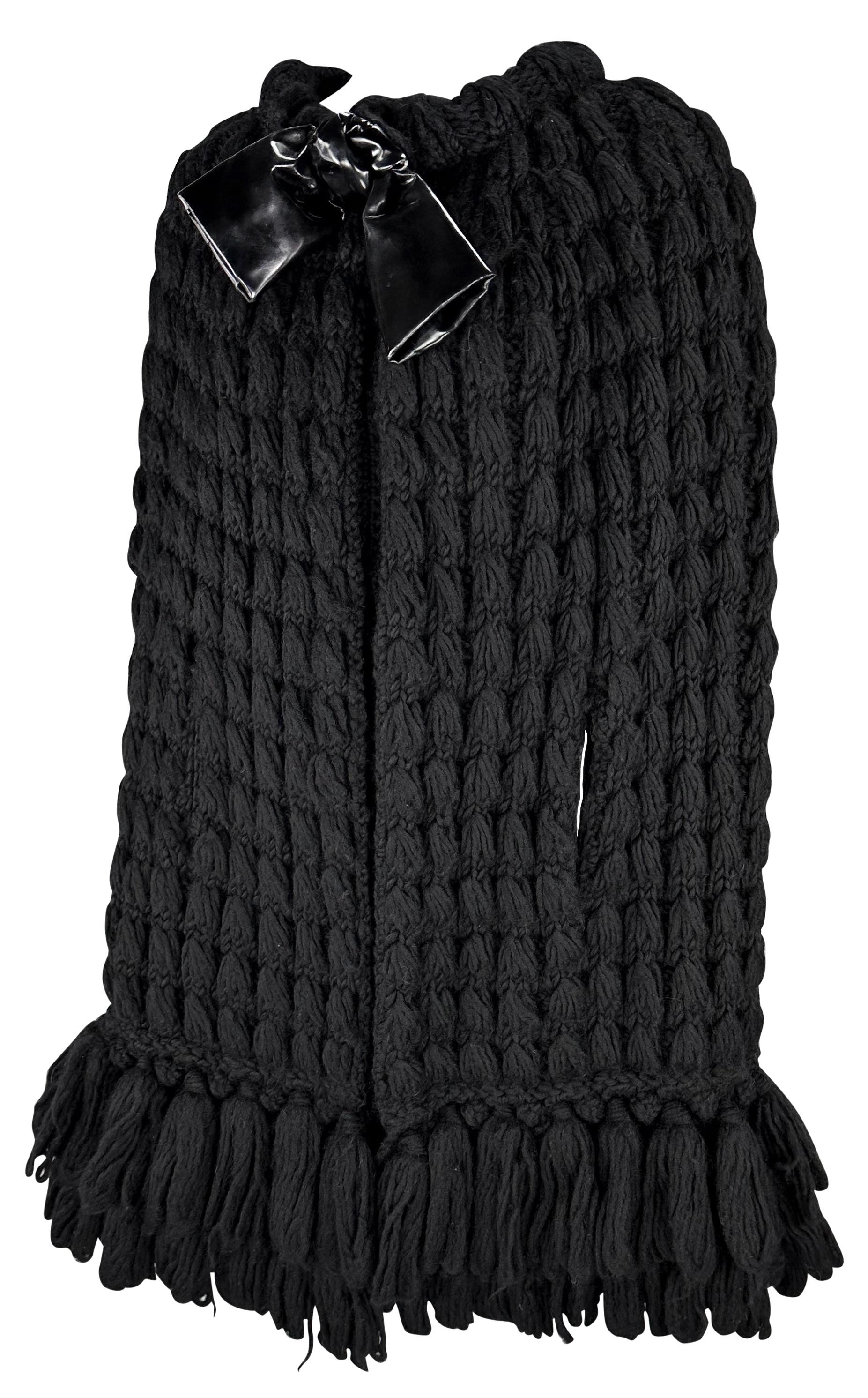 1960s Christian Dior by Mark Bohan Black Patent Bow Knit Fringe Cocoon Coat In Good Condition For Sale In West Hollywood, CA