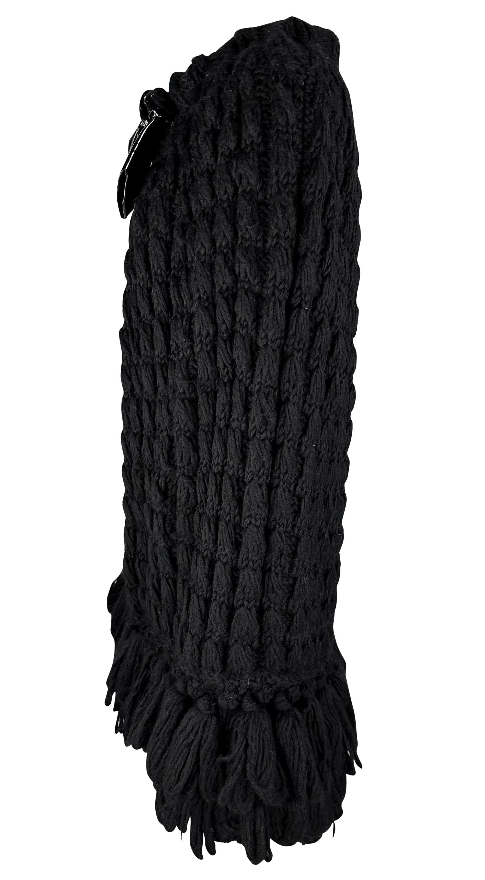 1960s Christian Dior by Mark Bohan Black Patent Bow Knit Fringe Cocoon Coat For Sale 1