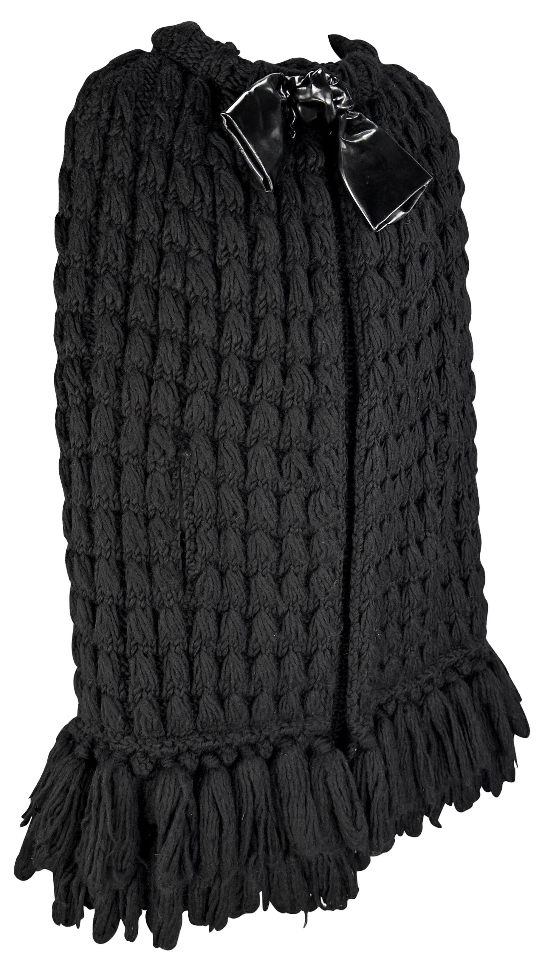 1960s Christian Dior by Mark Bohan Black Patent Bow Knit Fringe Cocoon Coat For Sale 4
