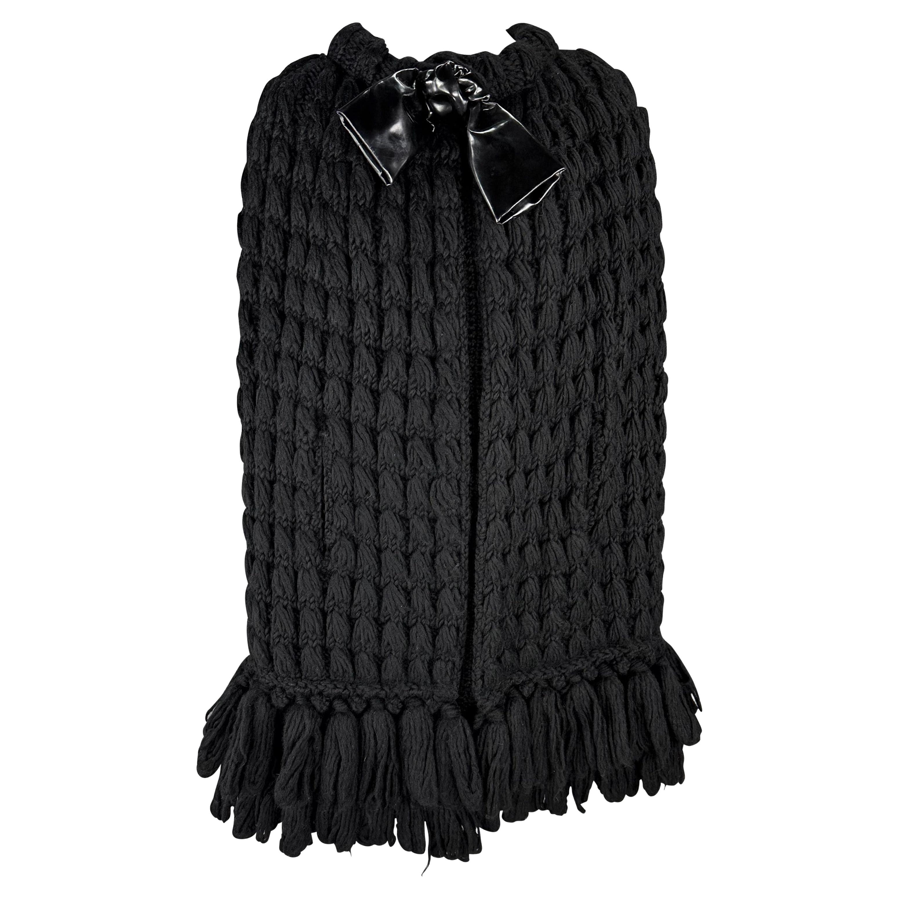 1960s Christian Dior by Mark Bohan Black Patent Bow Knit Fringe Cocoon Coat For Sale