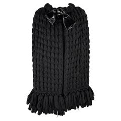 1960s Christian Dior by Mark Bohan Black Patent Bow Knit Fringe Cocoon Coat