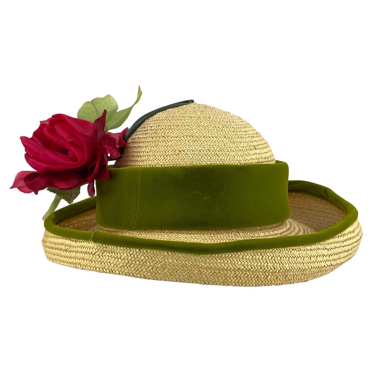 1960s Christian Dior Chapeaux by Marc Bohan Woven Wicker Floral Rose Velvet Hat For Sale