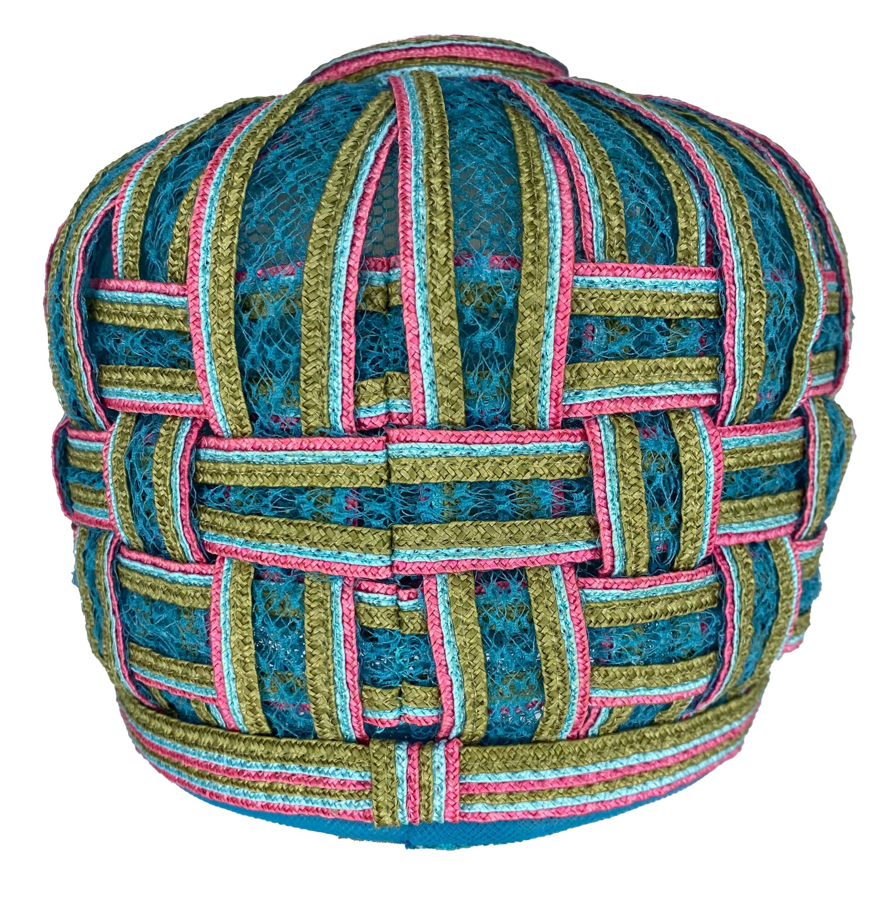 Gray 1960s Christian Dior Chapeaux Pillbox Woven Multicolor Blue Hat