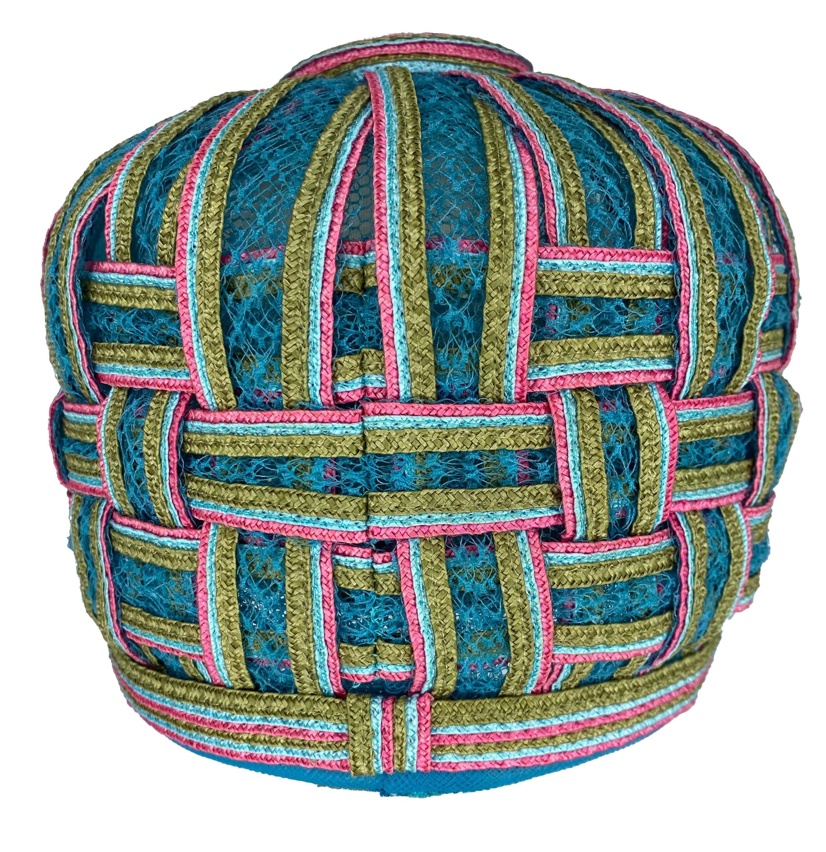 Gray 1960s Christian Dior Chapeaux Pillbox Woven Multicolor Blue Hat 