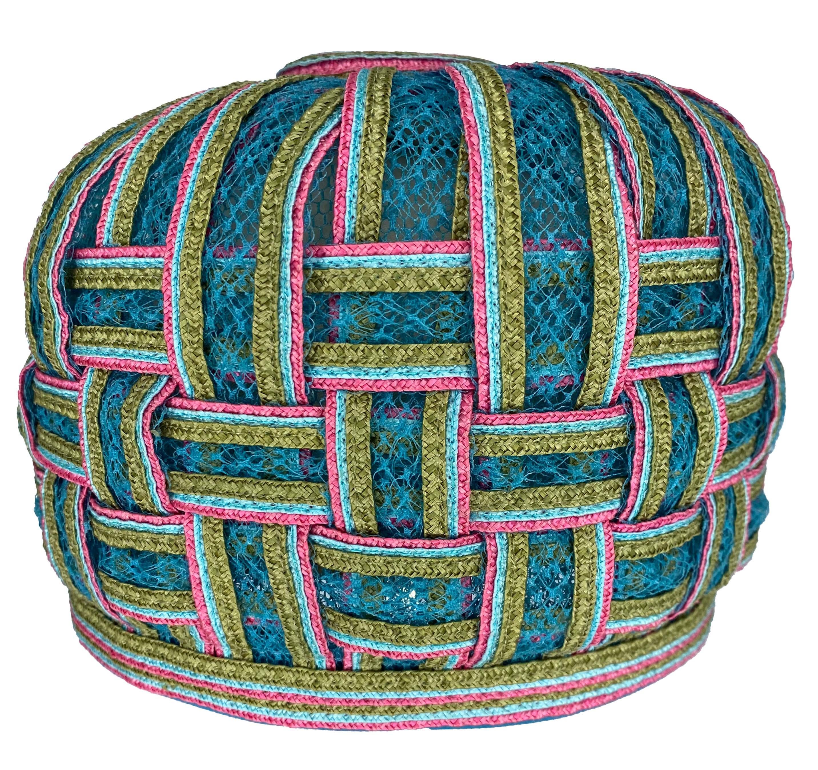 1960s Christian Dior Chapeaux Pillbox Woven Multicolor Blue Hat  In Fair Condition In West Hollywood, CA