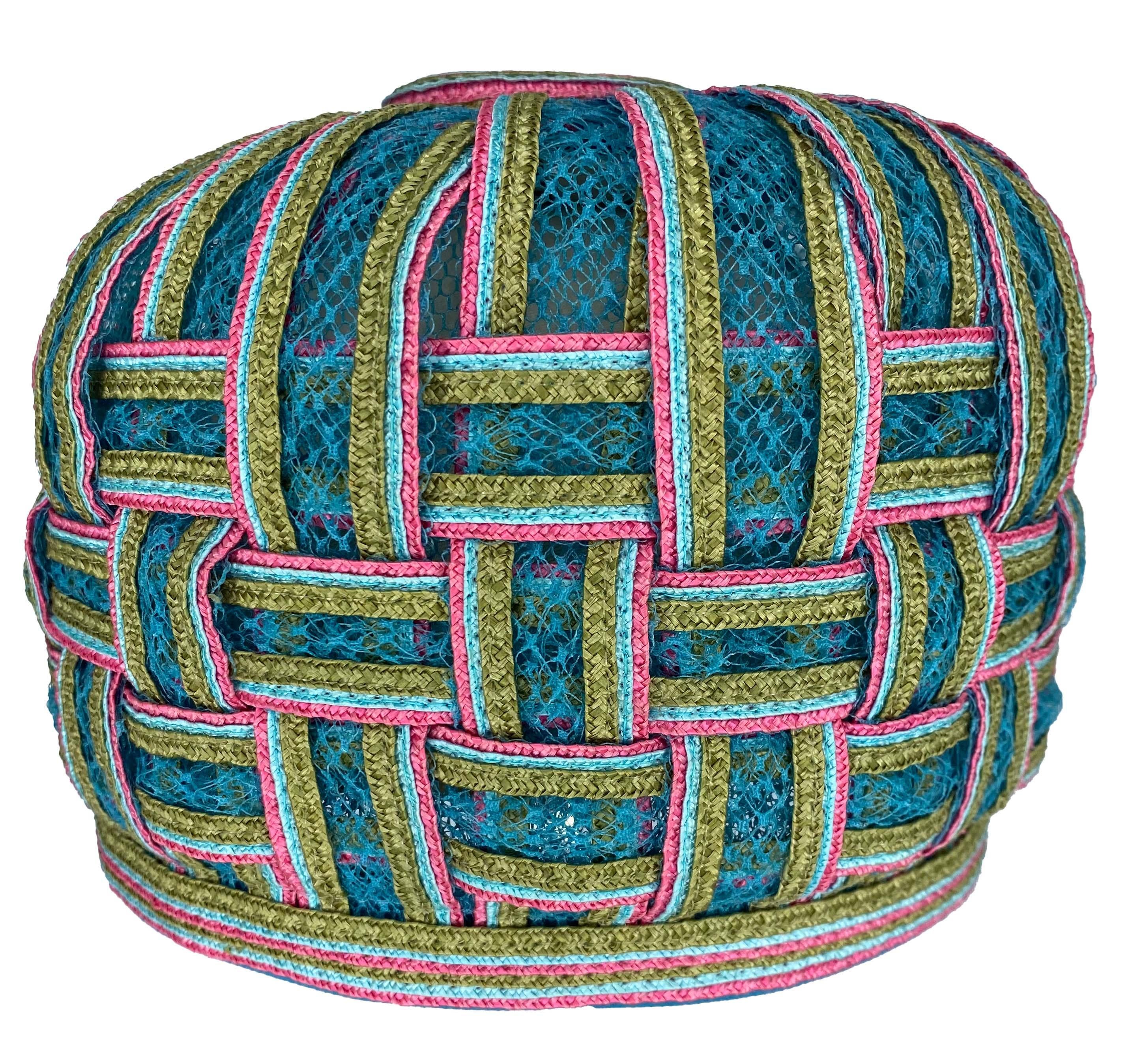 1960s Christian Dior Chapeaux Pillbox Woven Multicolor Blue Hat In Fair Condition In West Hollywood, CA