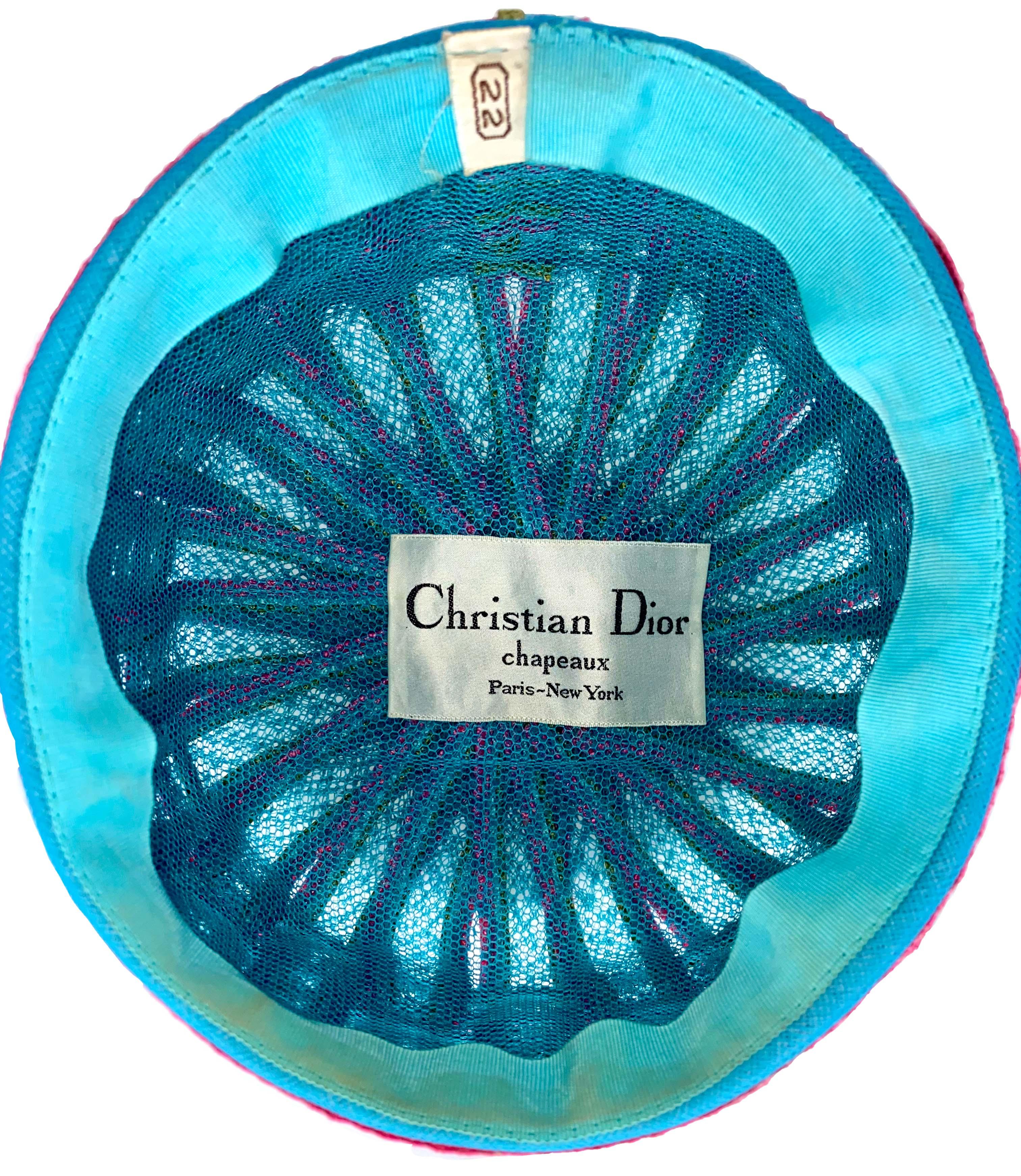 Women's 1960s Christian Dior Chapeaux Pillbox Woven Multicolor Blue Hat 
