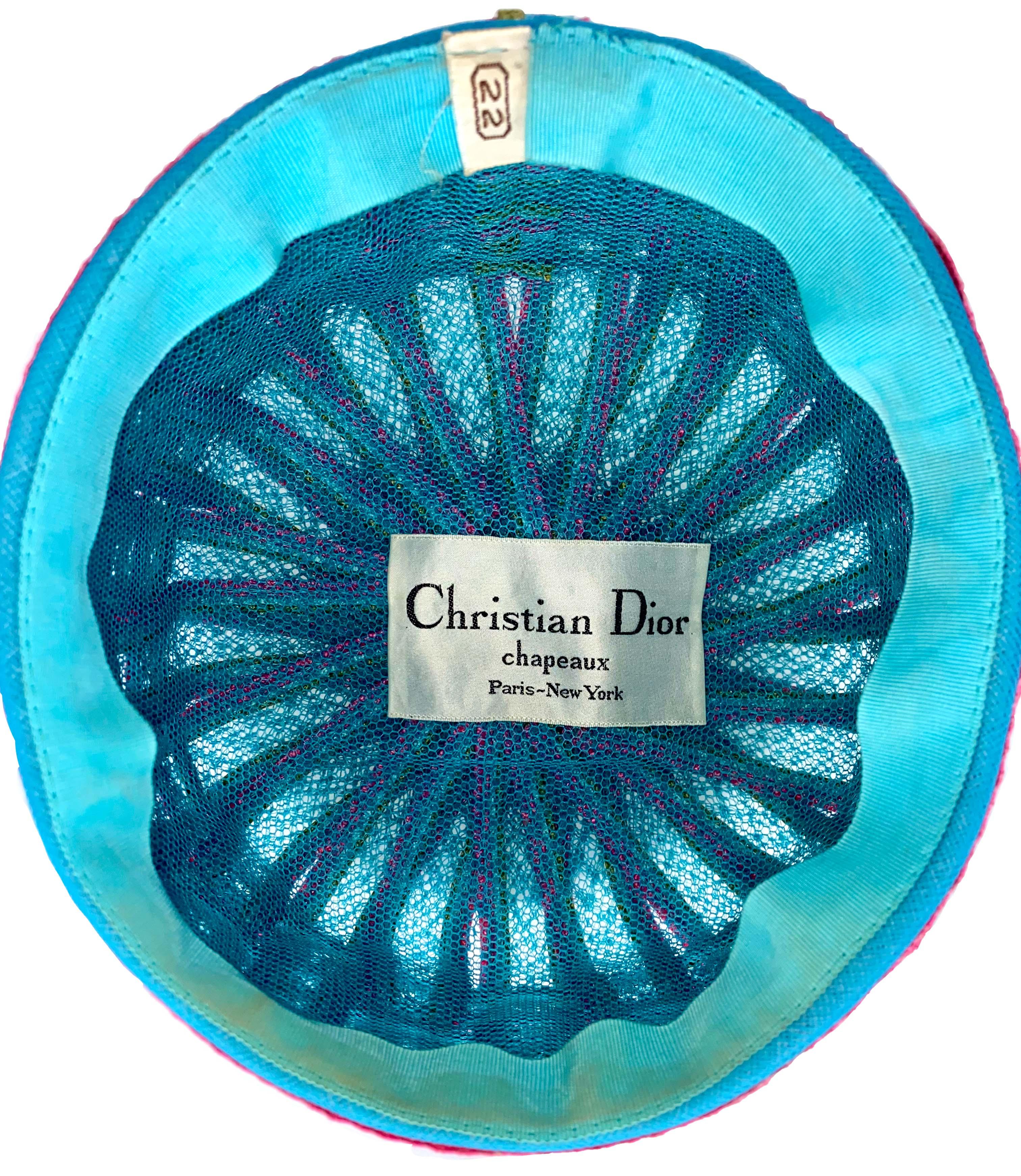 Women's 1960s Christian Dior Chapeaux Pillbox Woven Multicolor Blue Hat