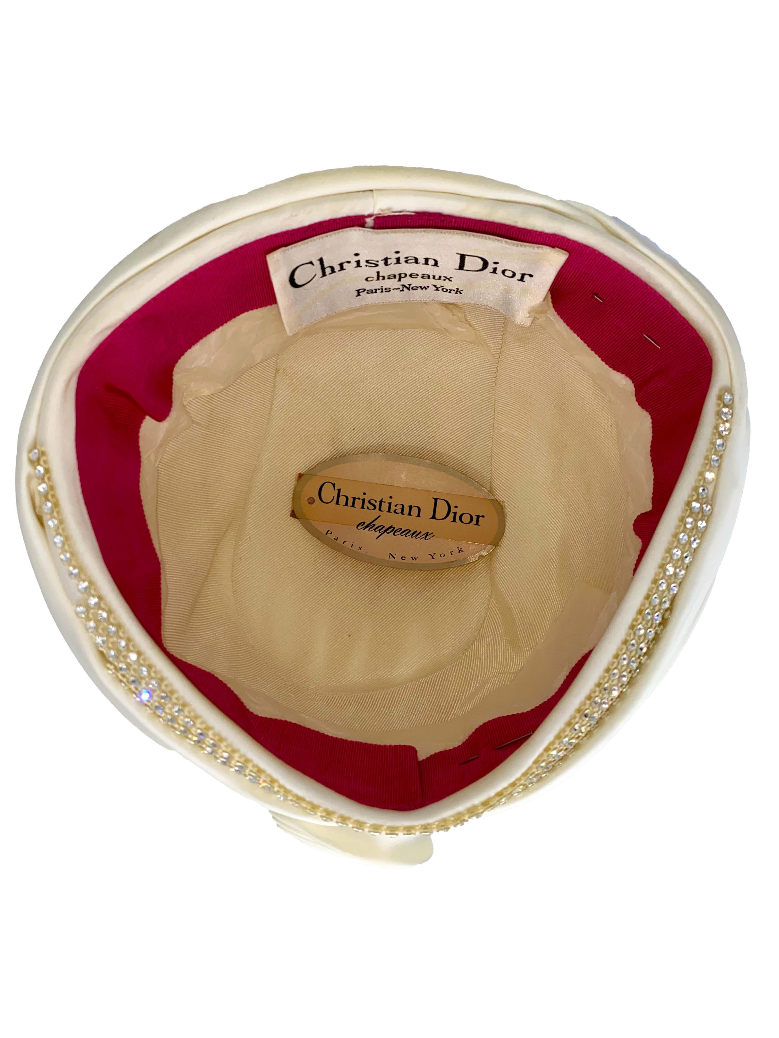 Beige 1960s Christian Dior Chapeaux Rhinestone Off-White Woven Satin Wrap Hat