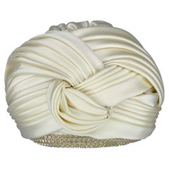 1960s Christian Dior Chapeaux Rhinestone Off-White Woven Satin Wrap Hat