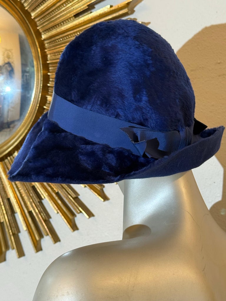 1960s Christian Dior Cobalt Blue Fur Felt Fedora Day Hat w  display picture 1