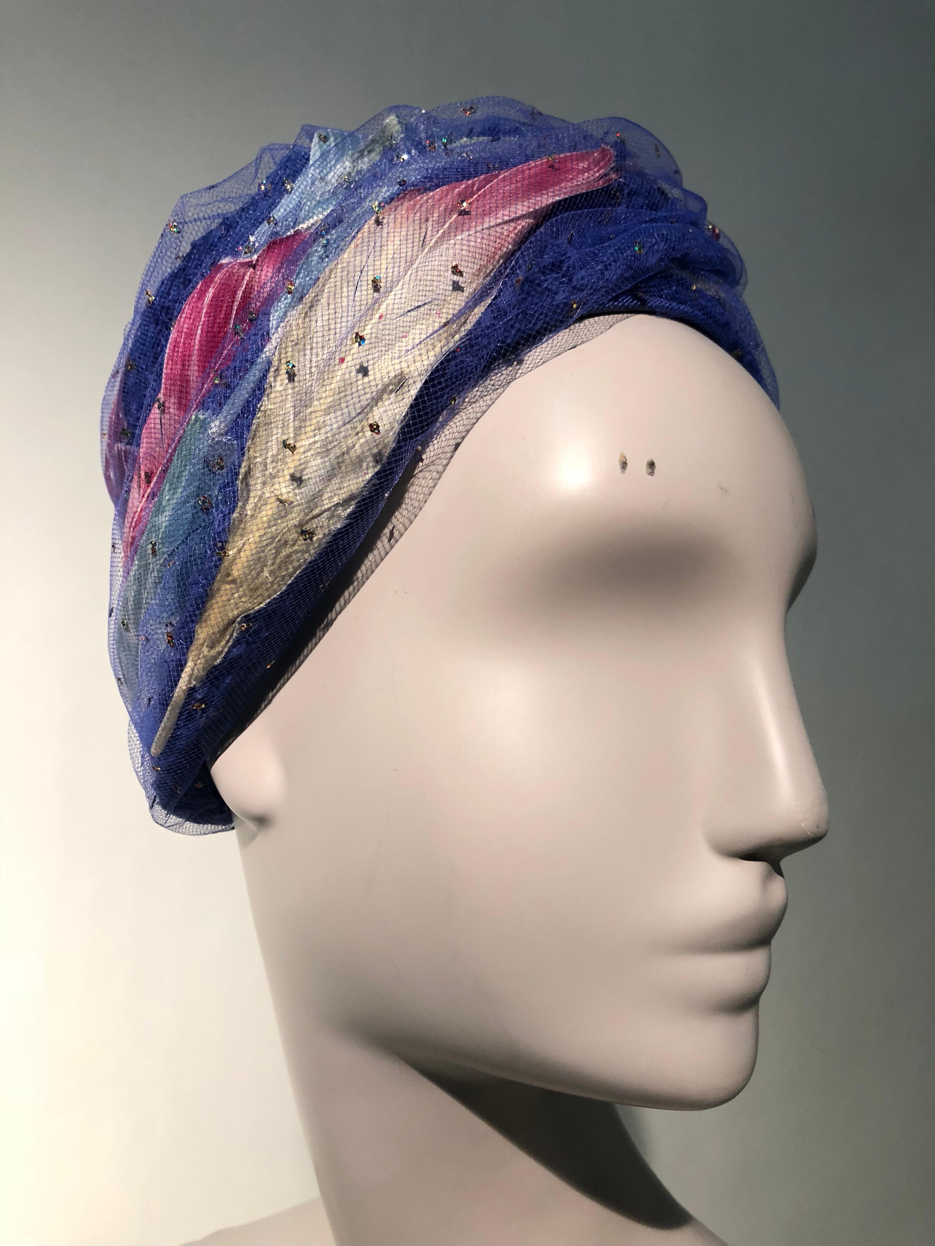 Gray 1960s Christian Dior Cobalt Blue Turban-Style Hat W/ Pink White & Blue Feathers