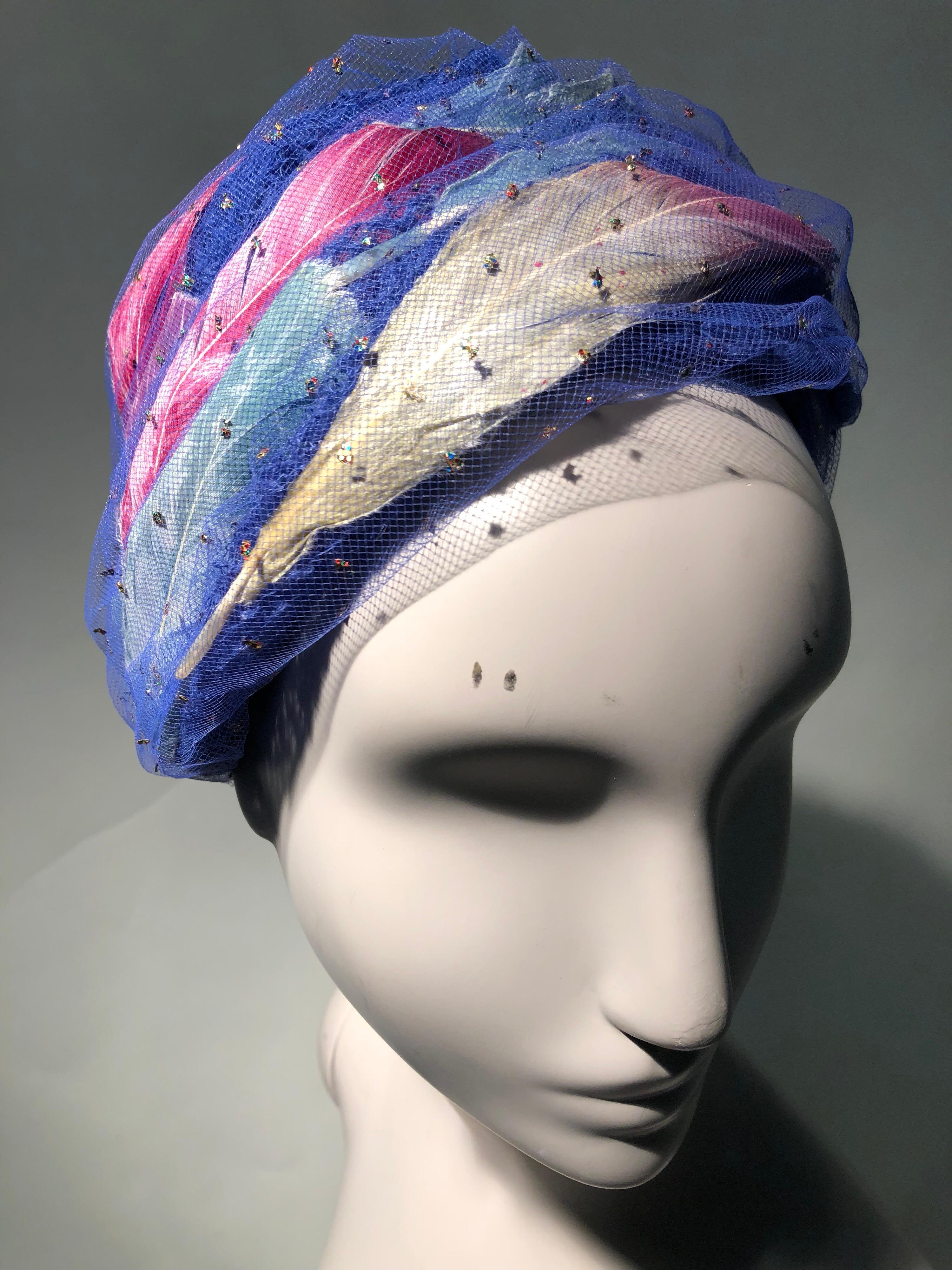 1960s Christian Dior Cobalt Blue Turban-Style Hat W/ Pink White & Blue Feathers In Excellent Condition In Gresham, OR