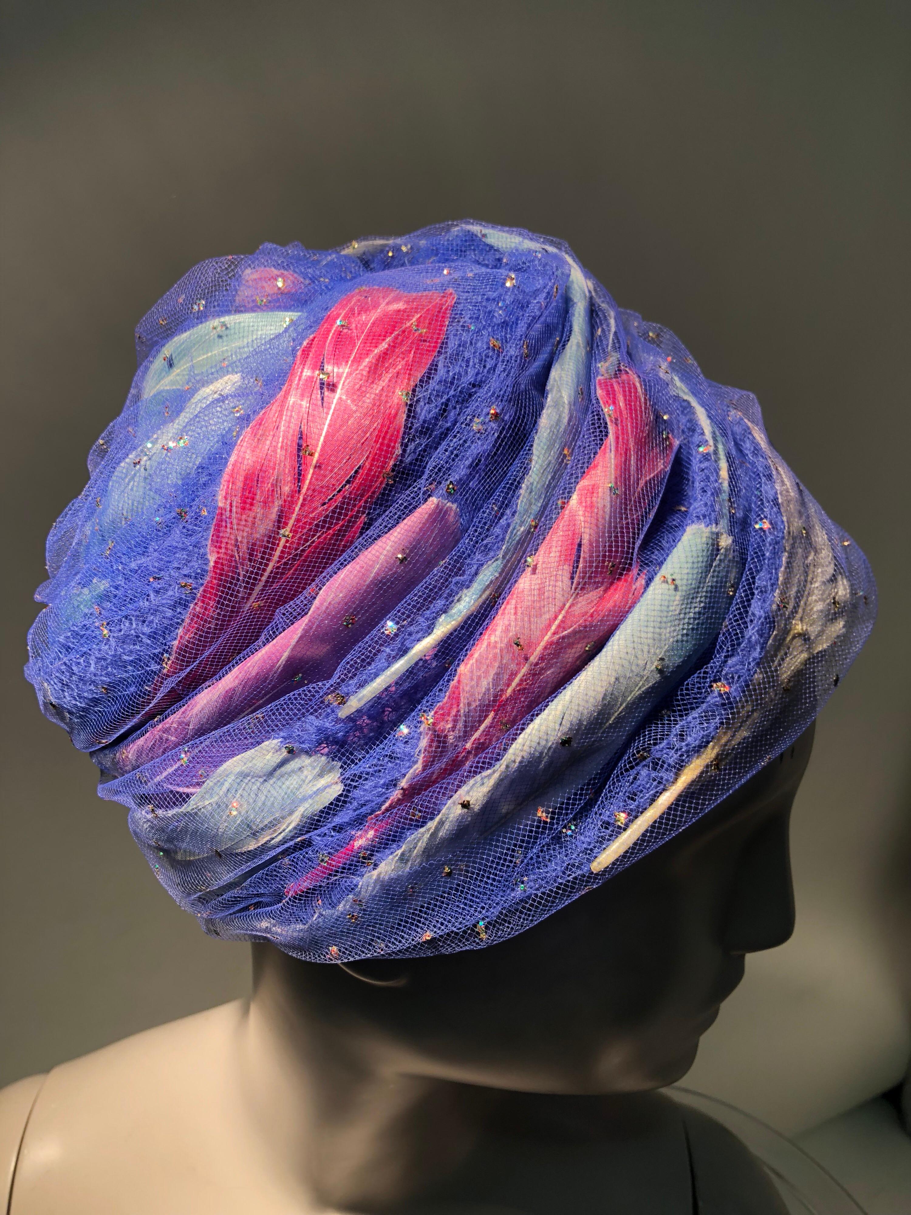 Women's 1960s Christian Dior Cobalt Blue Turban-Style Hat W/ Pink White & Blue Feathers