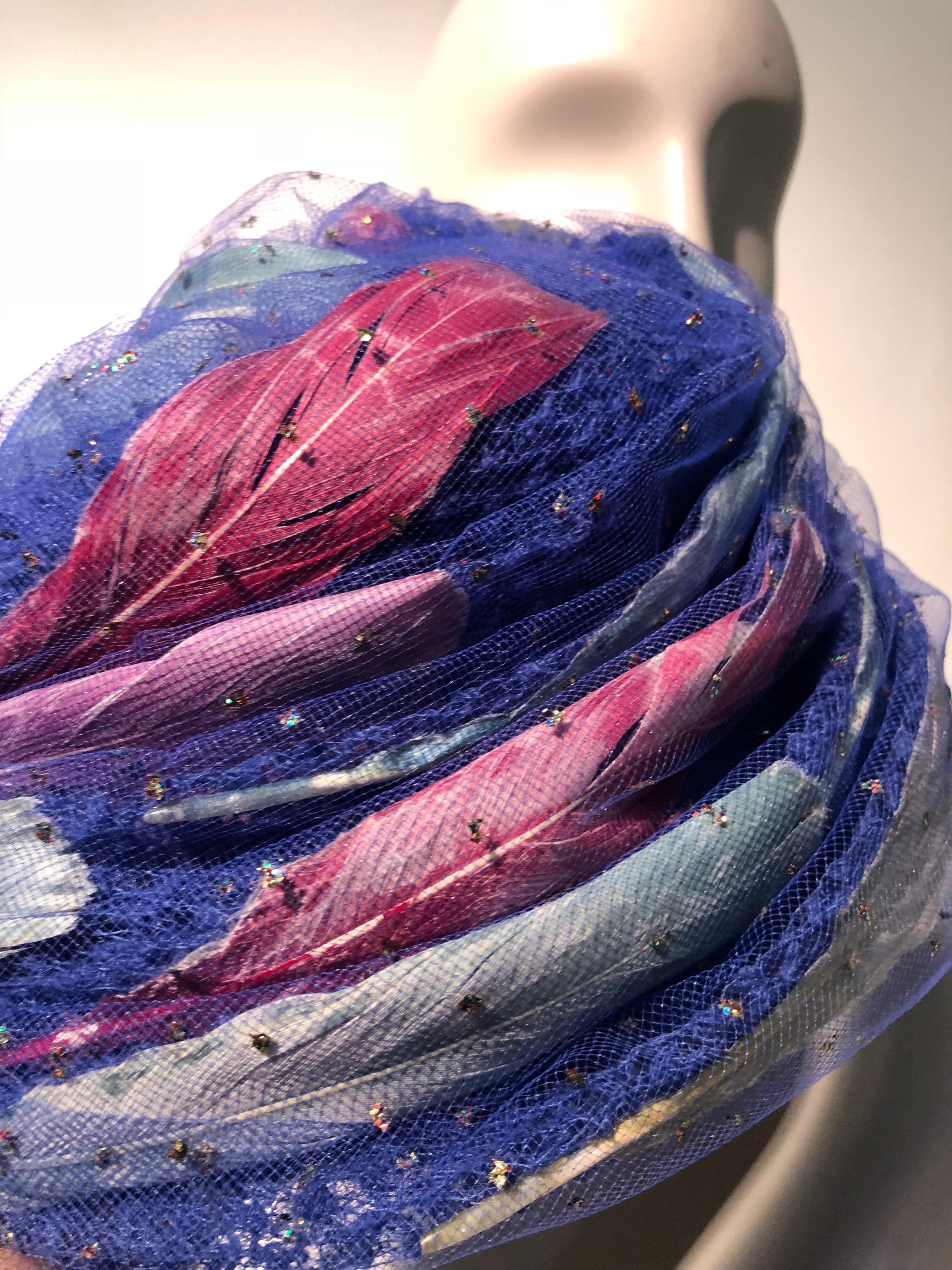 1960s Christian Dior Cobalt Blue Turban-Style Hat W/ Pink White & Blue Feathers 1