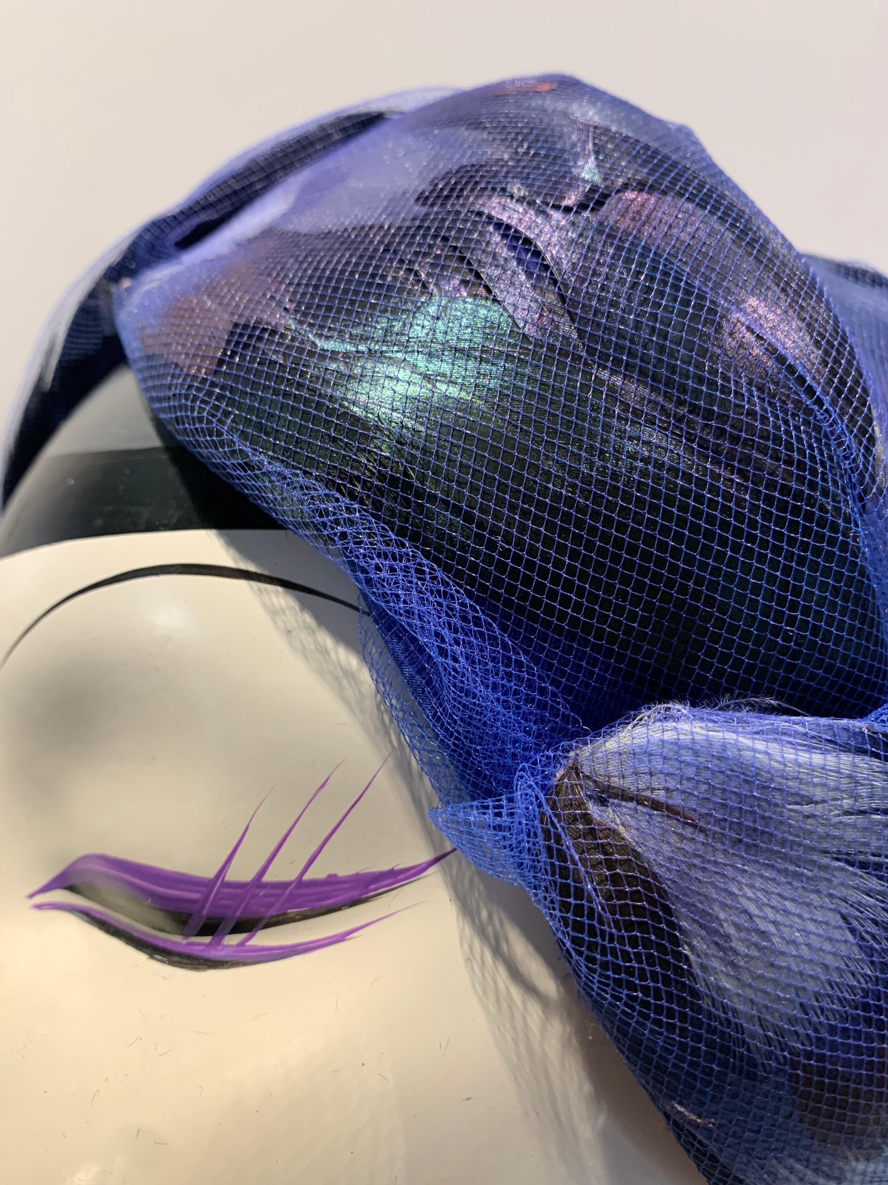 Blue 1960s Christian Dior Cobalt Tulle & Black Feather Beehive Turban Hat For Sale