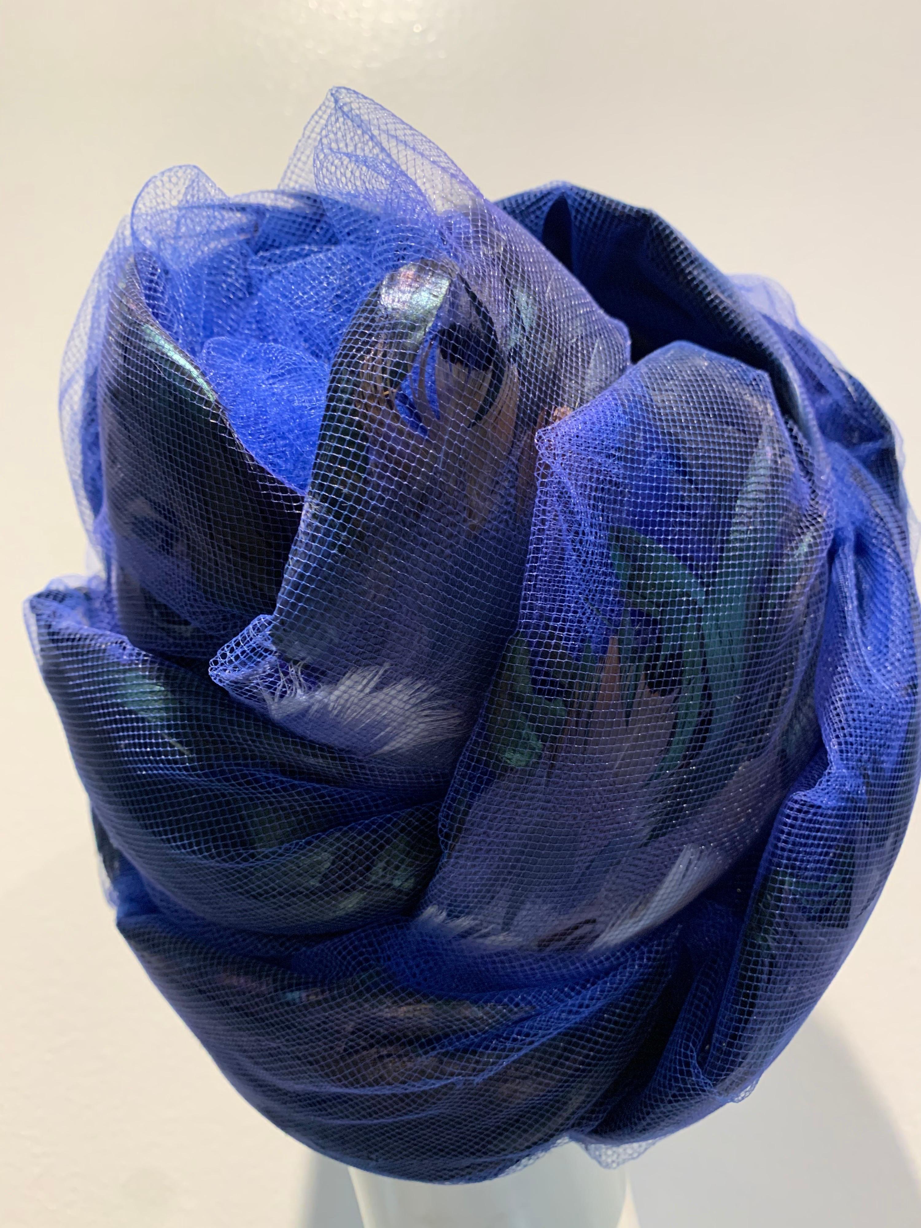 Women's 1960s Christian Dior Cobalt Tulle & Black Feather Beehive Turban Hat For Sale