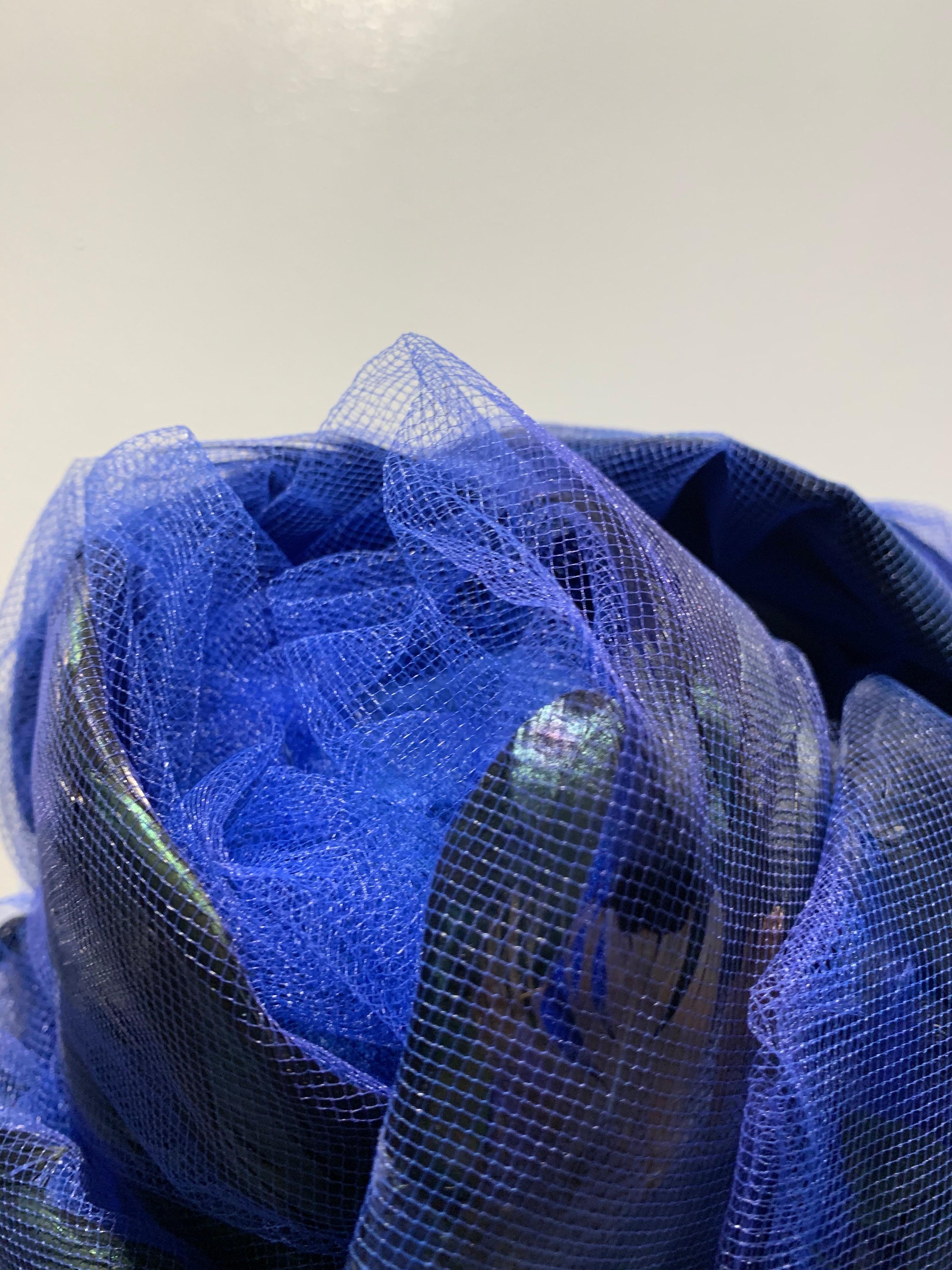 1960s Christian Dior Cobalt Tulle & Black Feather Beehive Turban Hat For Sale 1