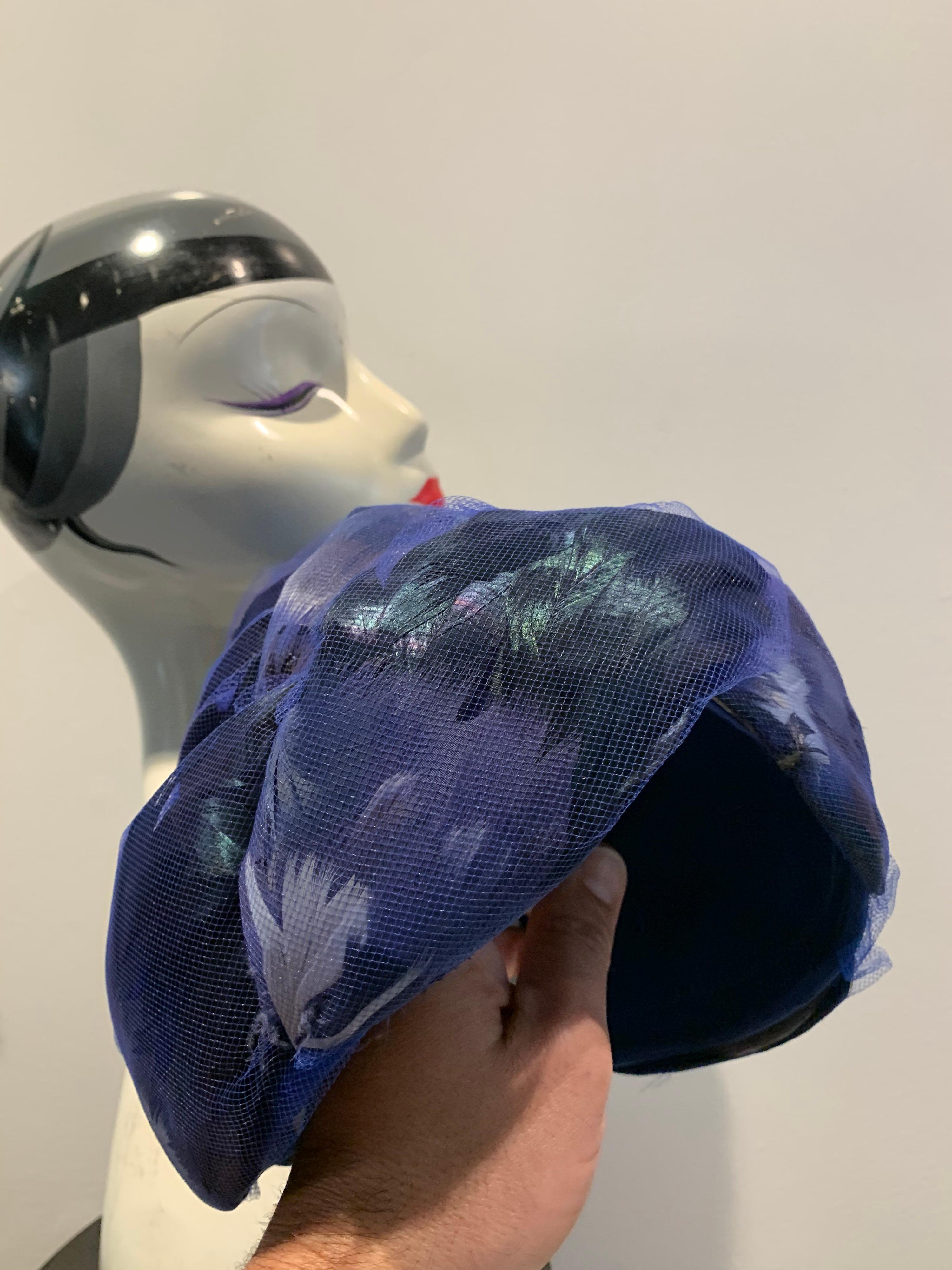 1960s Christian Dior Cobalt Tulle & Black Feather Beehive Turban Hat For Sale 2