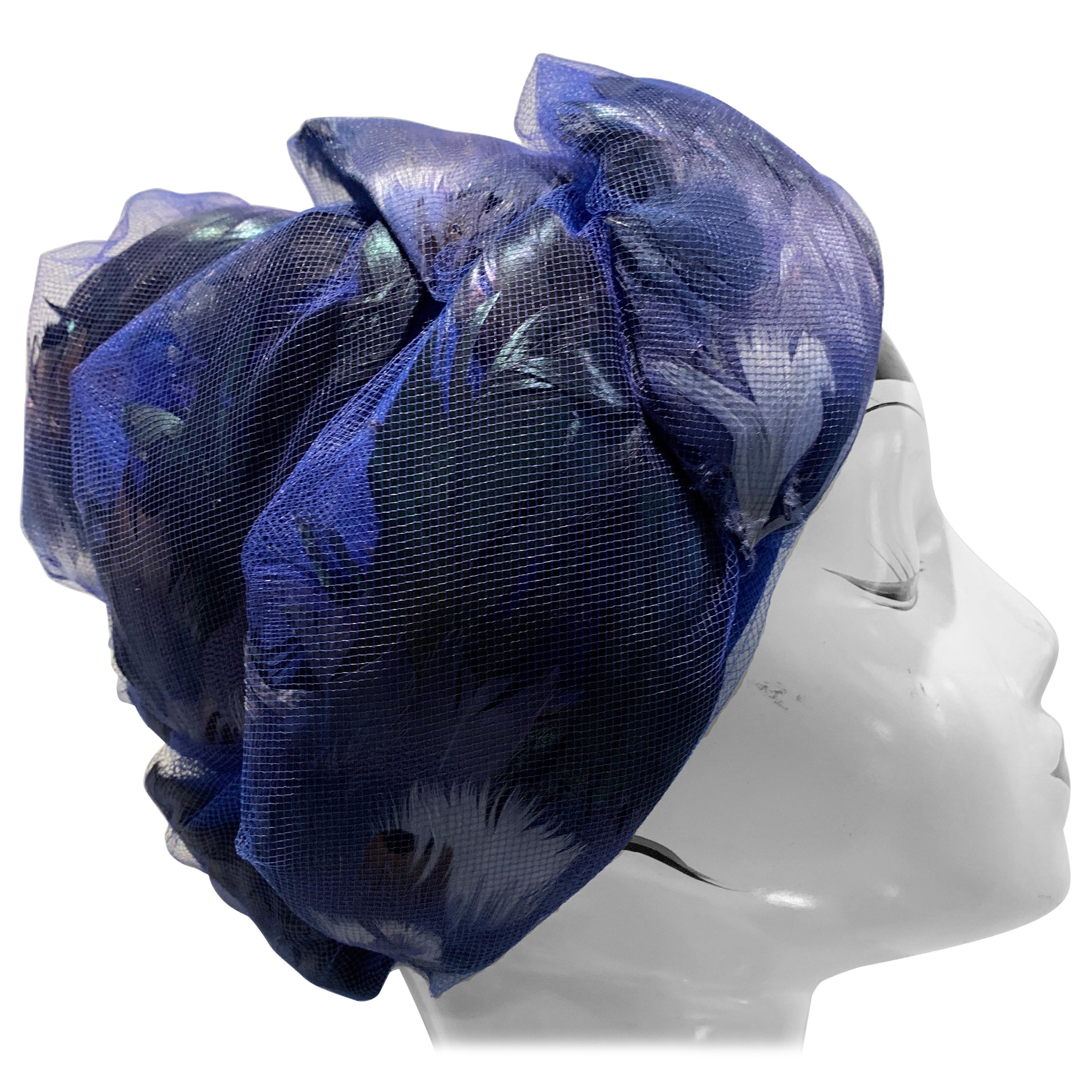 1960s Christian Dior Cobalt Tulle & Black Feather Beehive Turban Hat For Sale