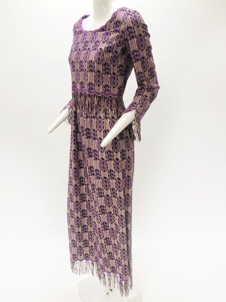 Gray 1960s Christian Dior Ethnic-Inspired Knit Maxi Dress w/ Fringed Midriff & Hem For Sale