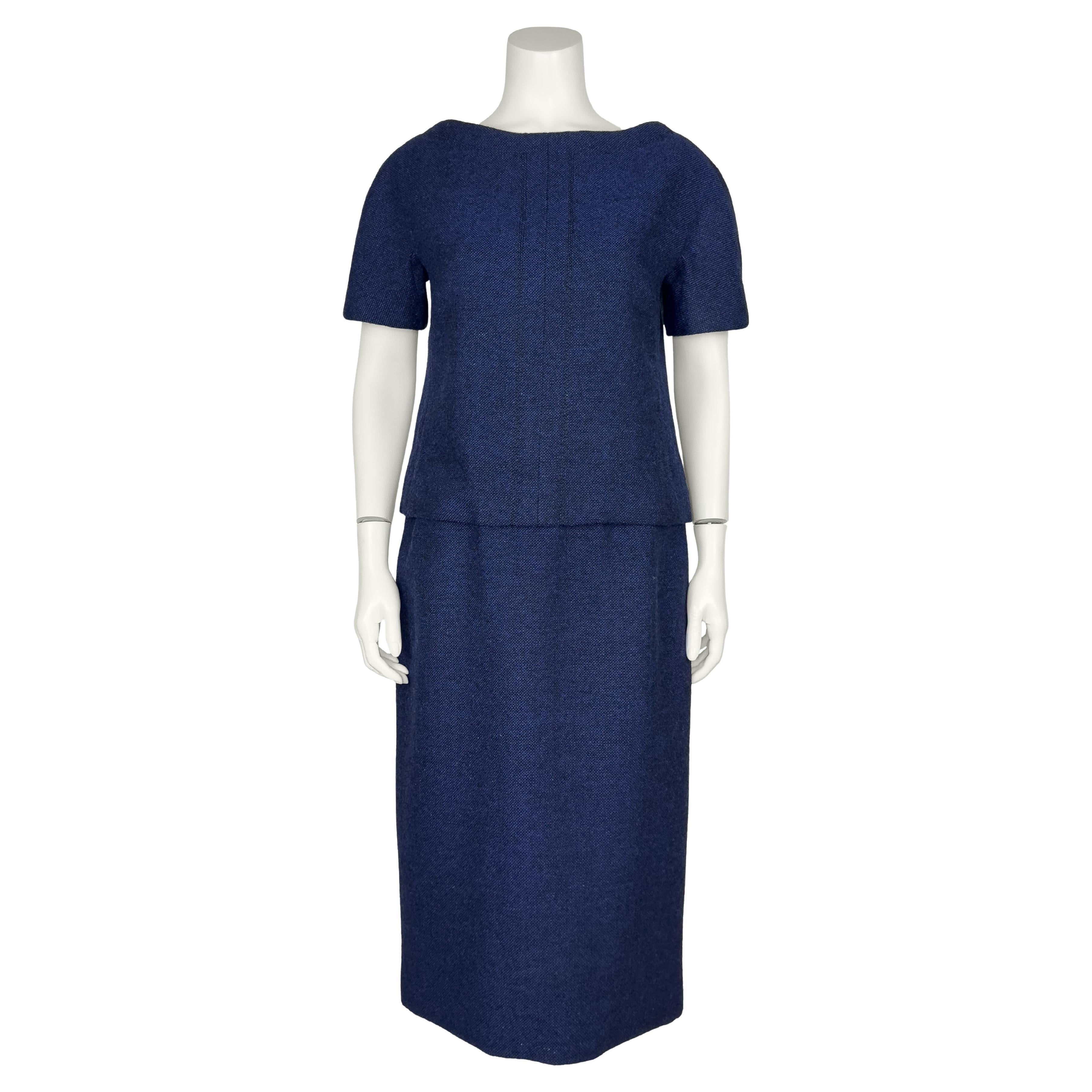 1960's Christian Dior London Deep Blue Wool Tweed Dress