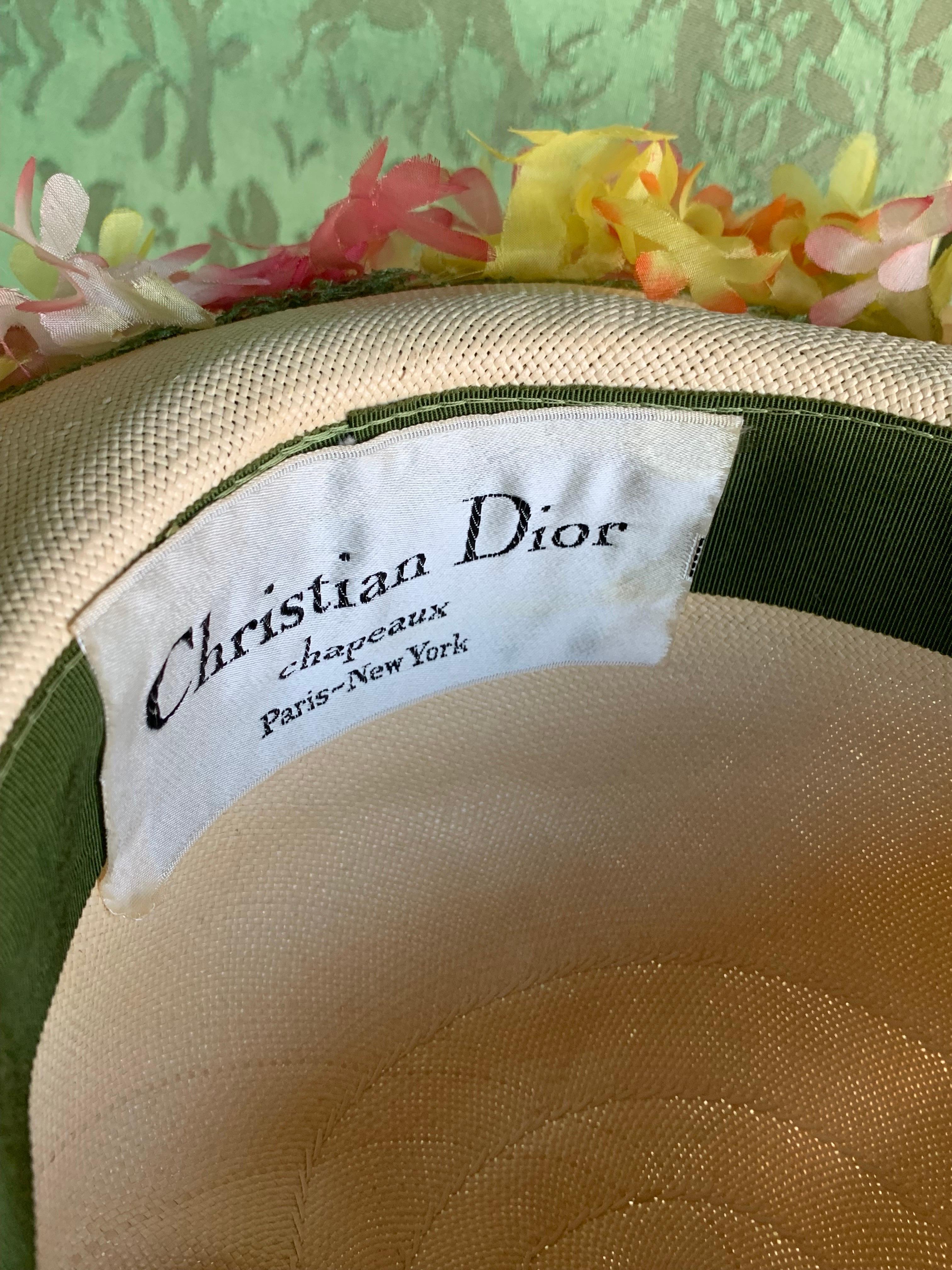 Women's 1960s Christian Dior Natural Straw Sun Hat w Green Net Band & Silk Flower Brim