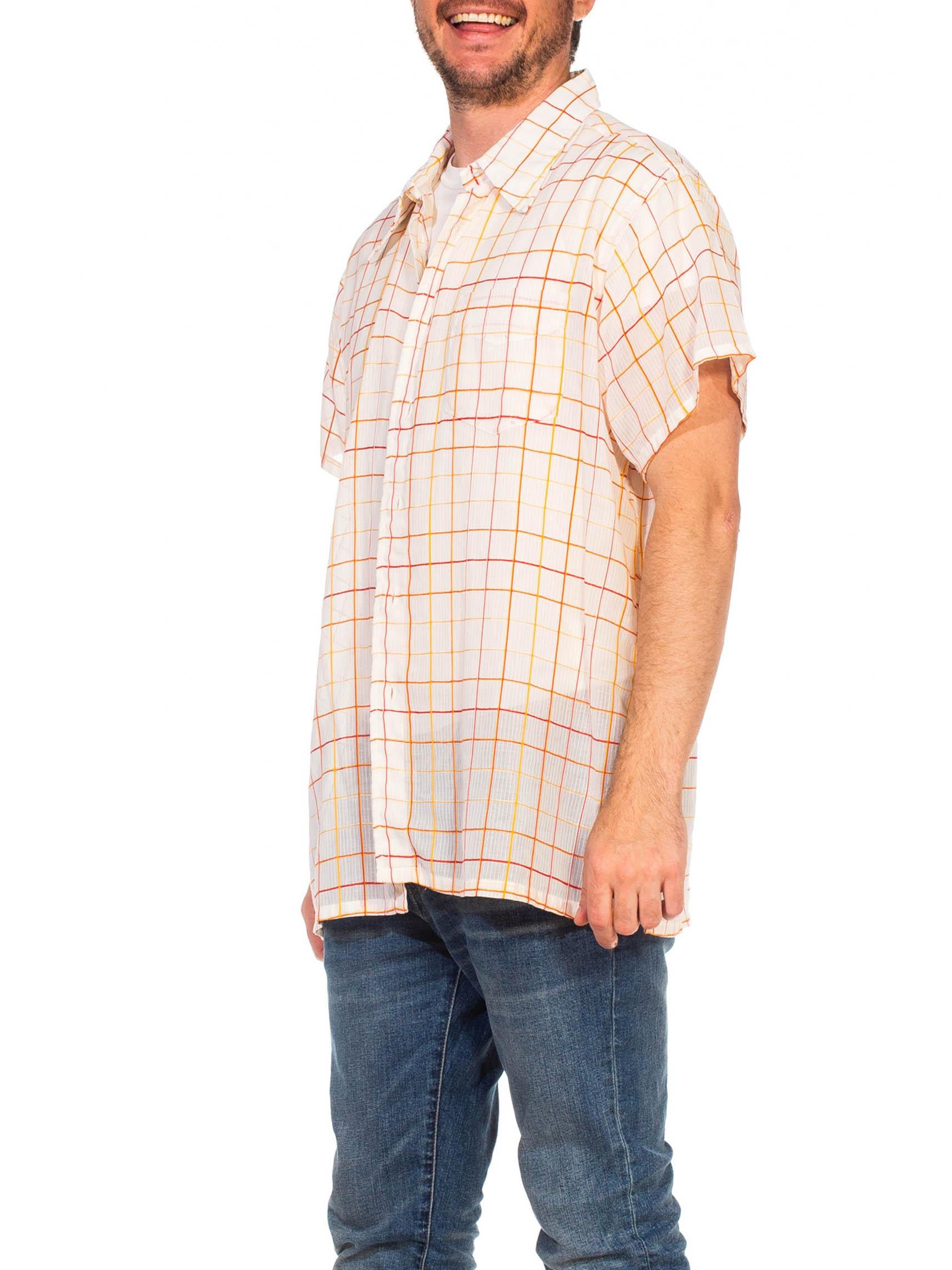 1960S CHRISTIAN DIOR Orange Pin Stripe Plaid Cotton Voile Men's Shirt 4