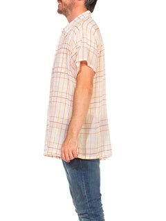 1960S CHRISTIAN DIOR Orange Pin Stripe Plaid Cotton Voile Men's Shirt