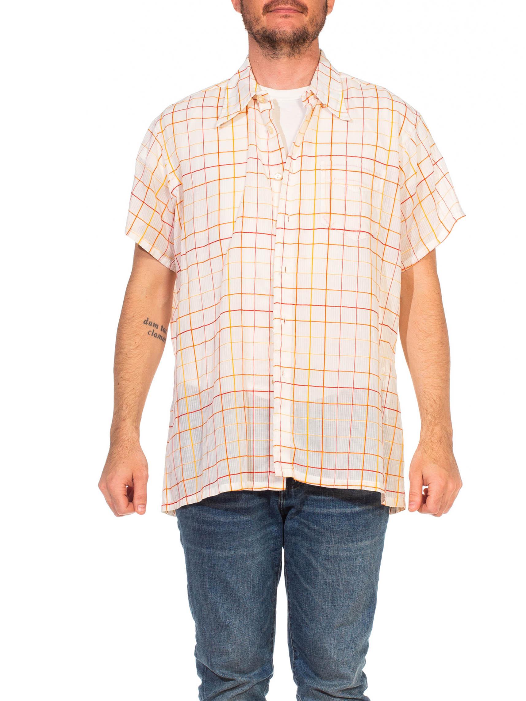 Beige 1960S CHRISTIAN DIOR Orange Pin Stripe Plaid Cotton Voile Men's Shirt