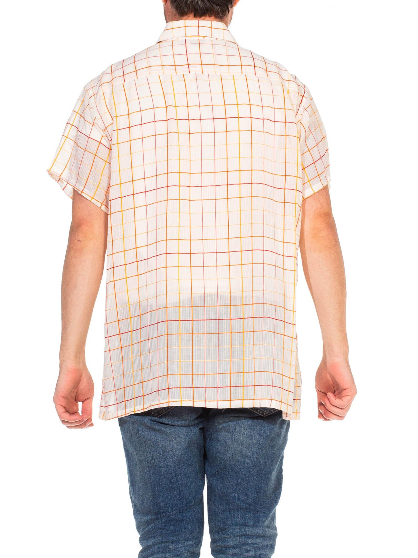 1960S CHRISTIAN DIOR Orange Pin Stripe Plaid Cotton Voile Men's Shirt 1