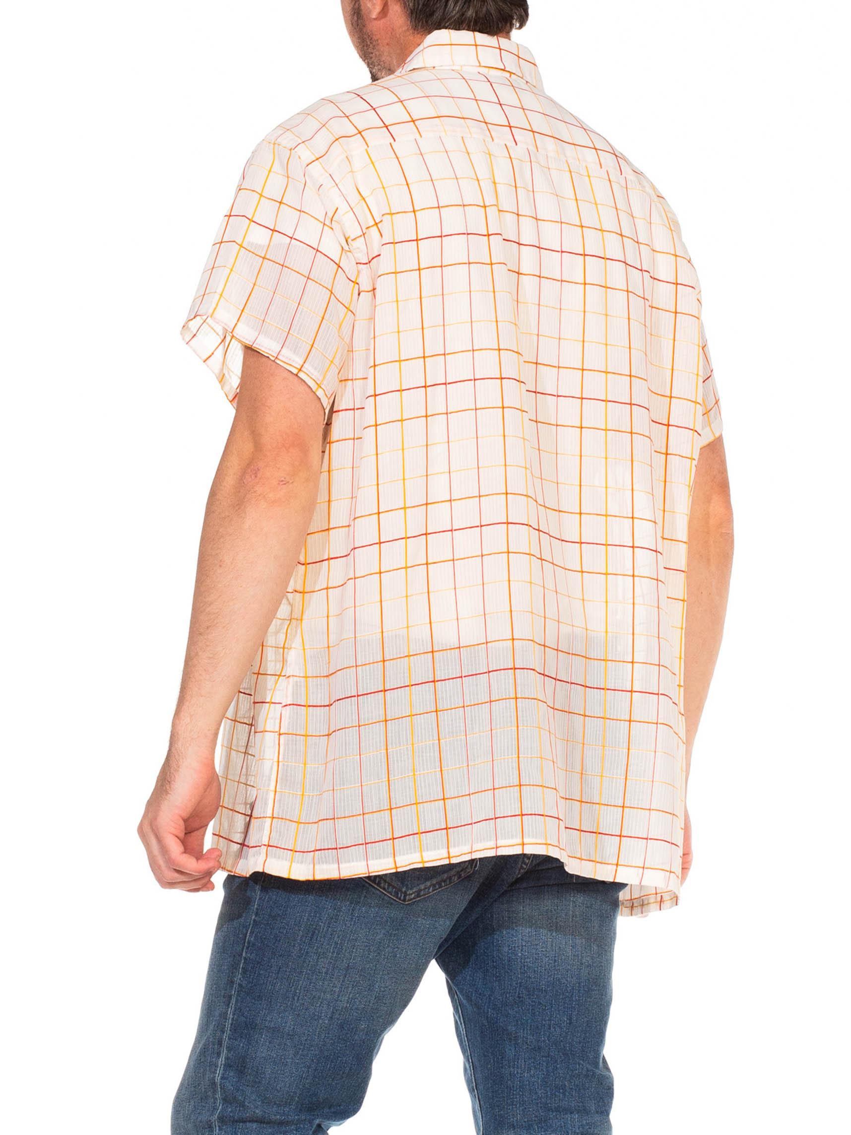1960S CHRISTIAN DIOR Orange Pin Stripe Plaid Cotton Voile Men's Shirt 2