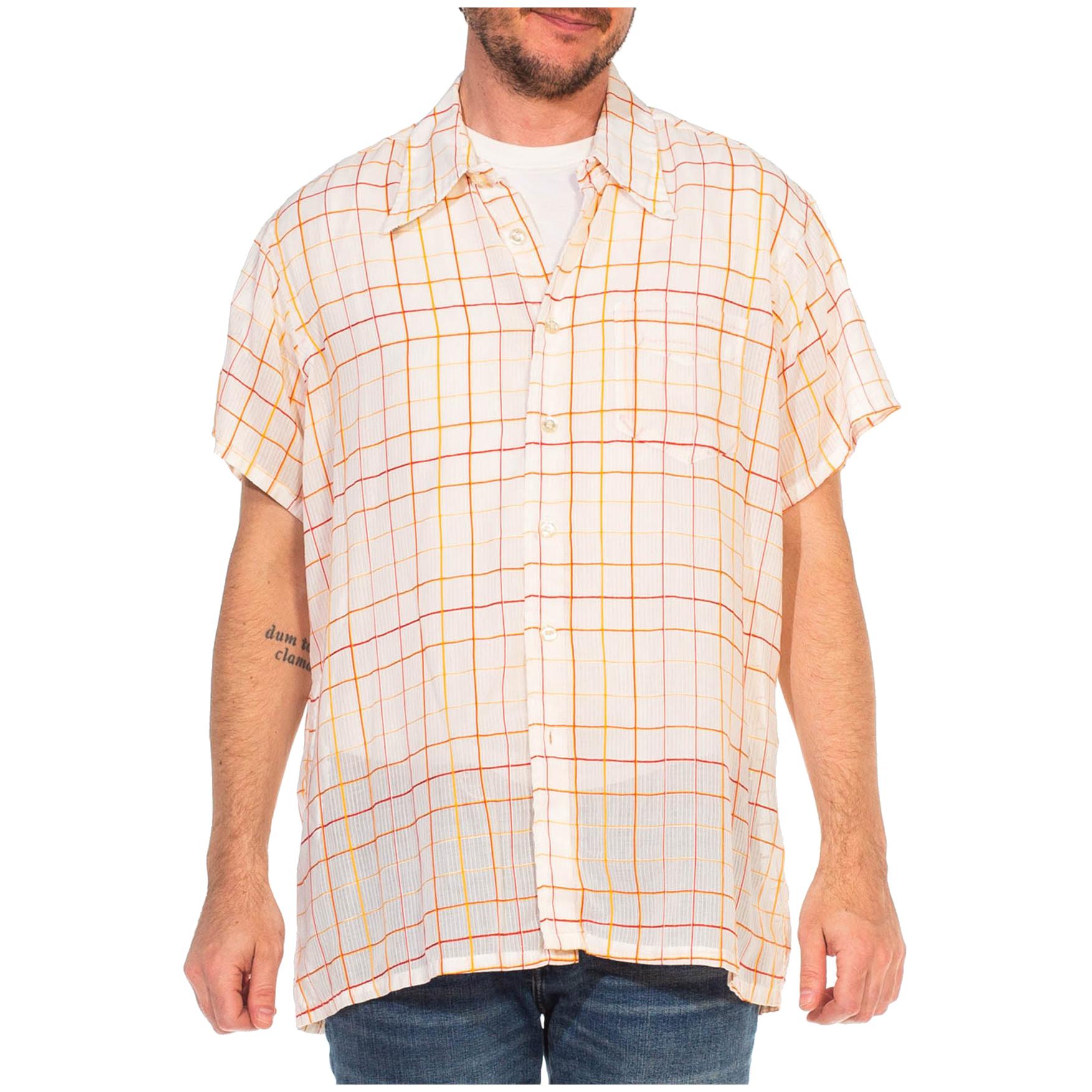 1960S CHRISTIAN DIOR Orange Pin Stripe Plaid Cotton Voile Men's Shirt