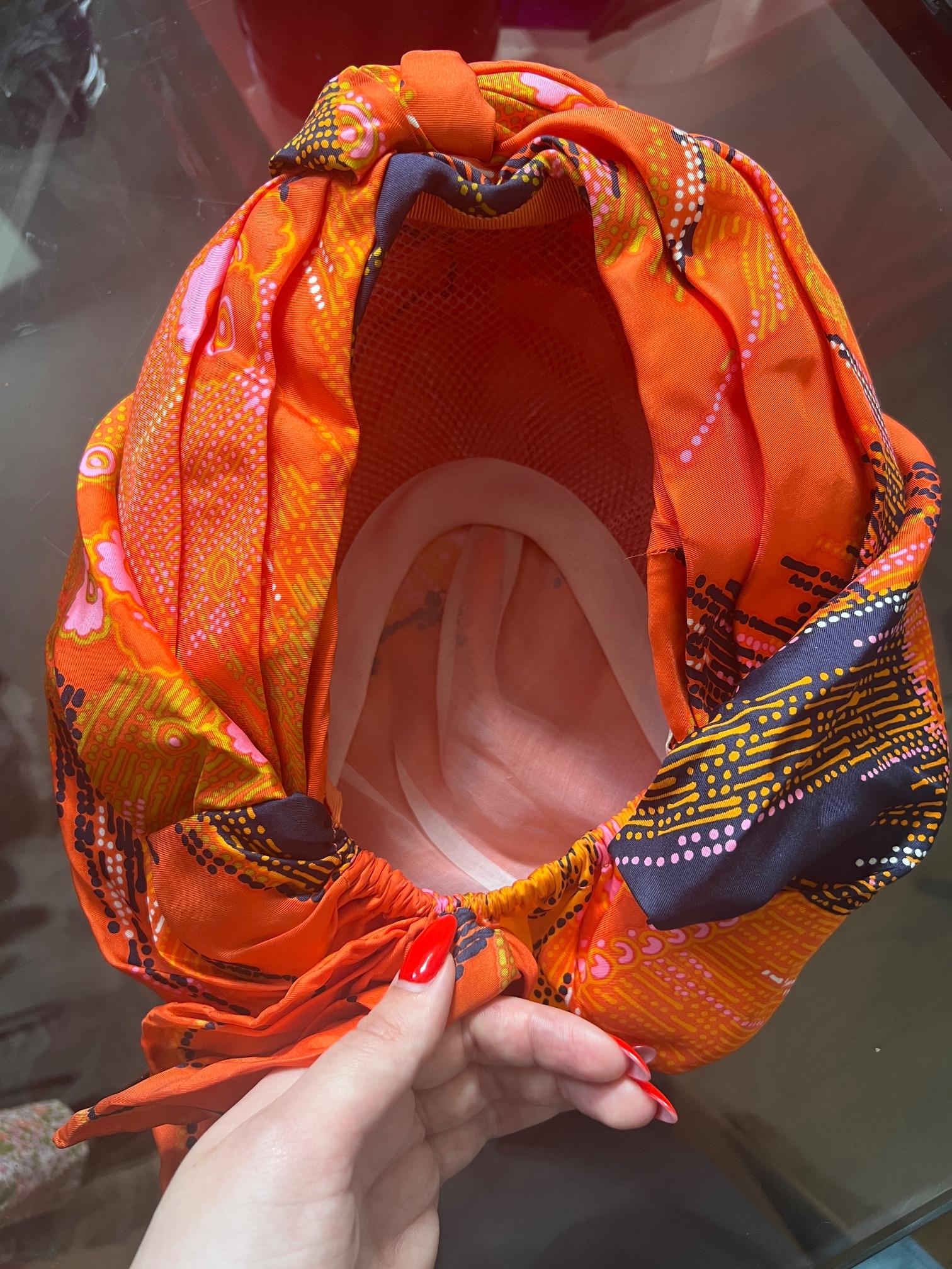 Women's 1960s Christian Dior Orange Silk Printed Turban Hat For Sale