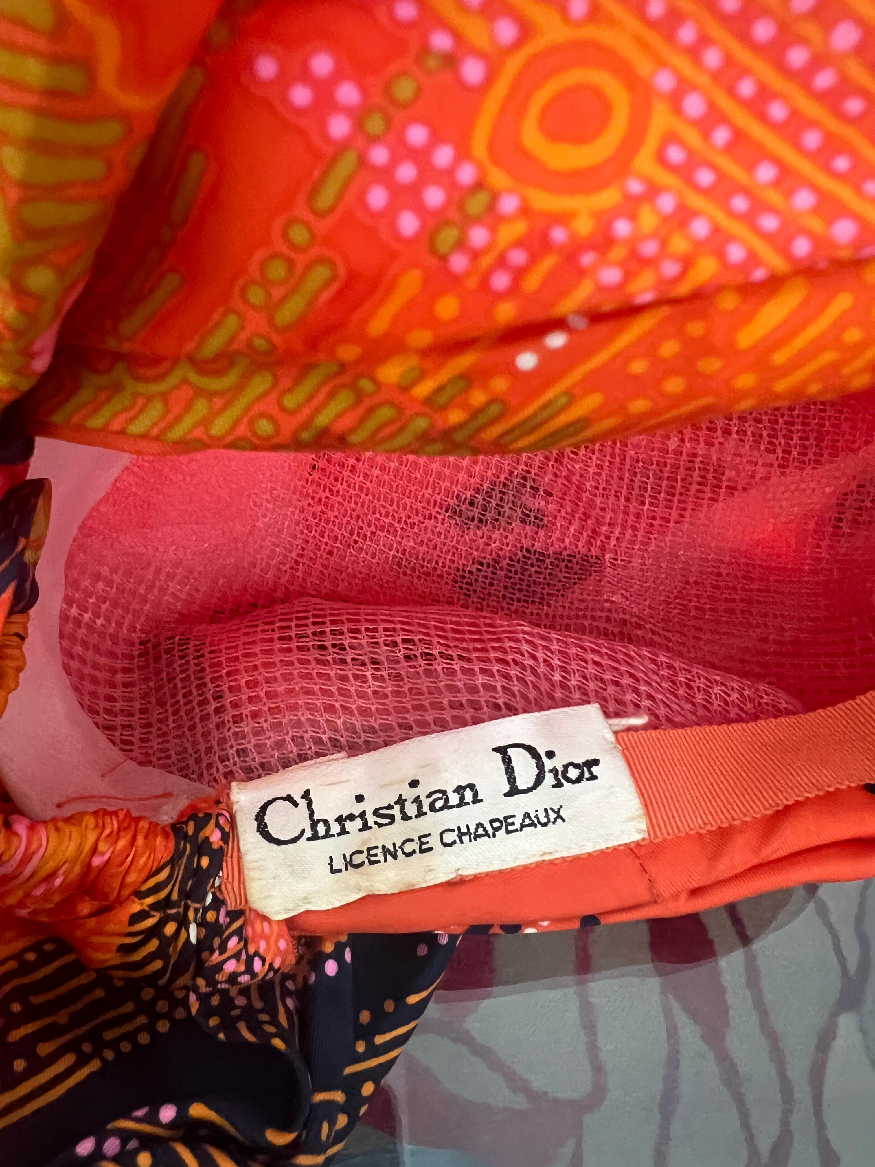 1960s Christian Dior Orange Silk Printed Turban Hat For Sale 1