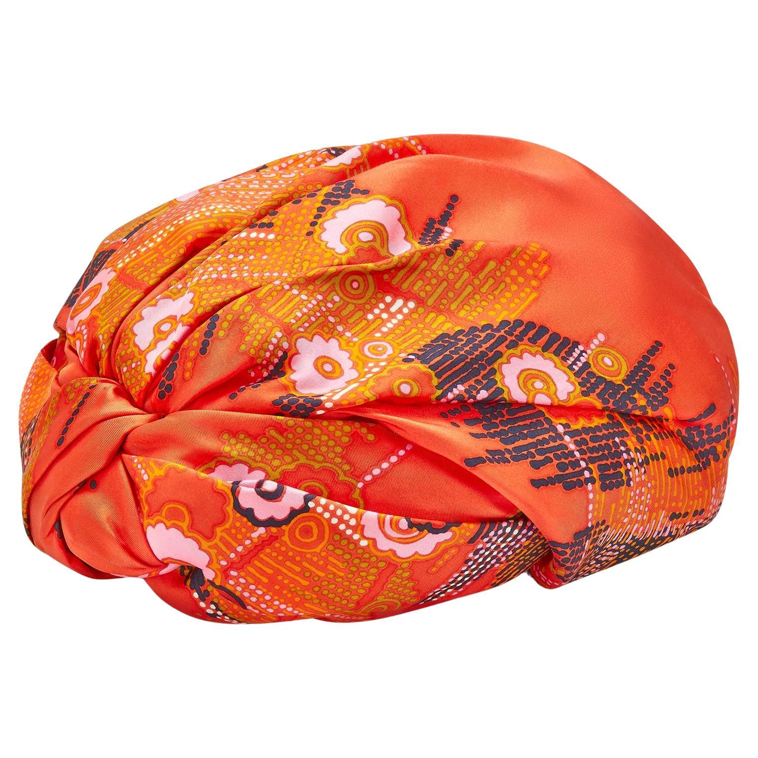 1960s Christian Dior Orange Silk Printed Turban Hat For Sale