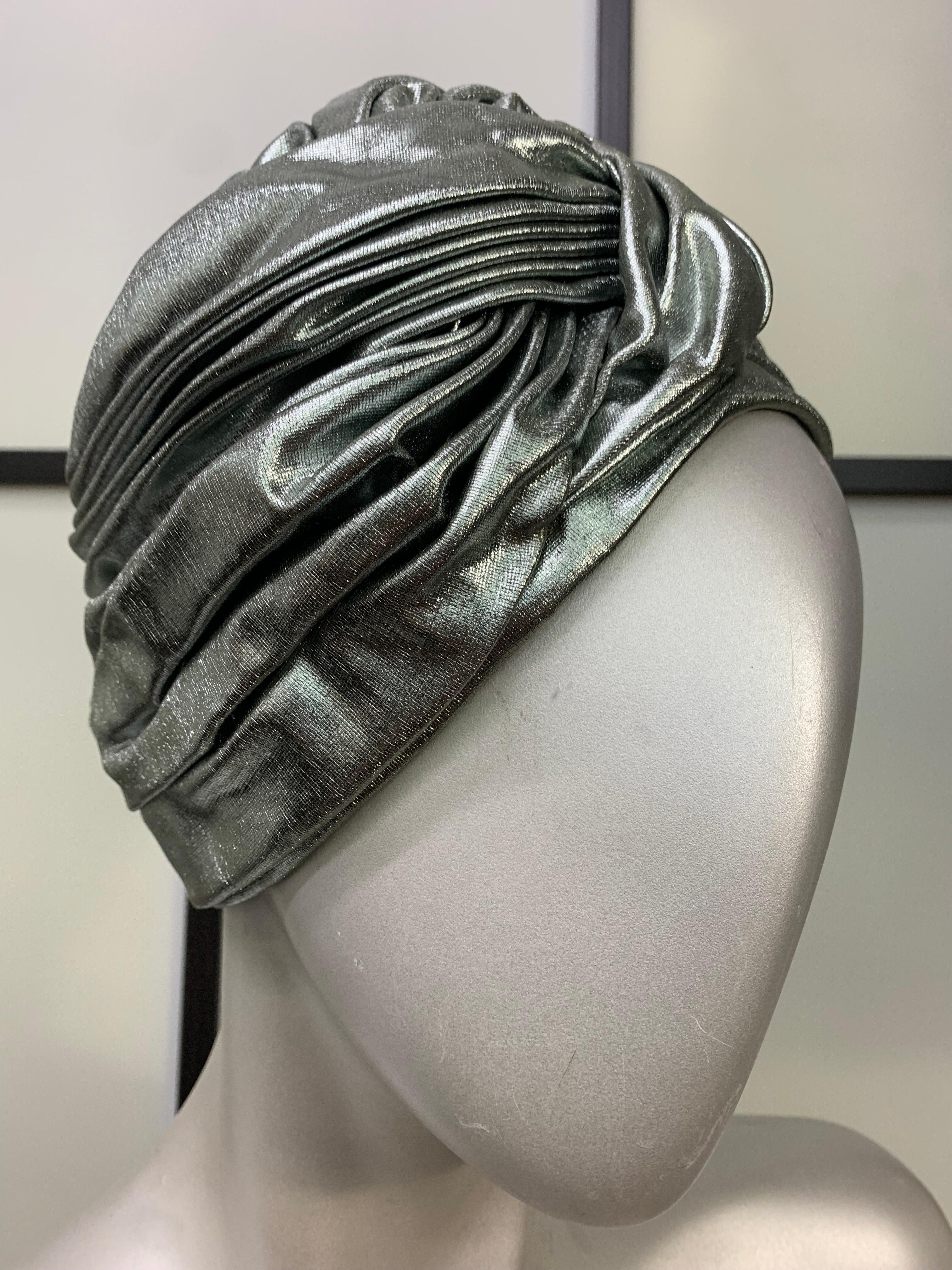 1960s Christian Dior Pewter Lame Pleated Disco Turban Hat with Front Twist: Lined fully constructed. Size Medium. 