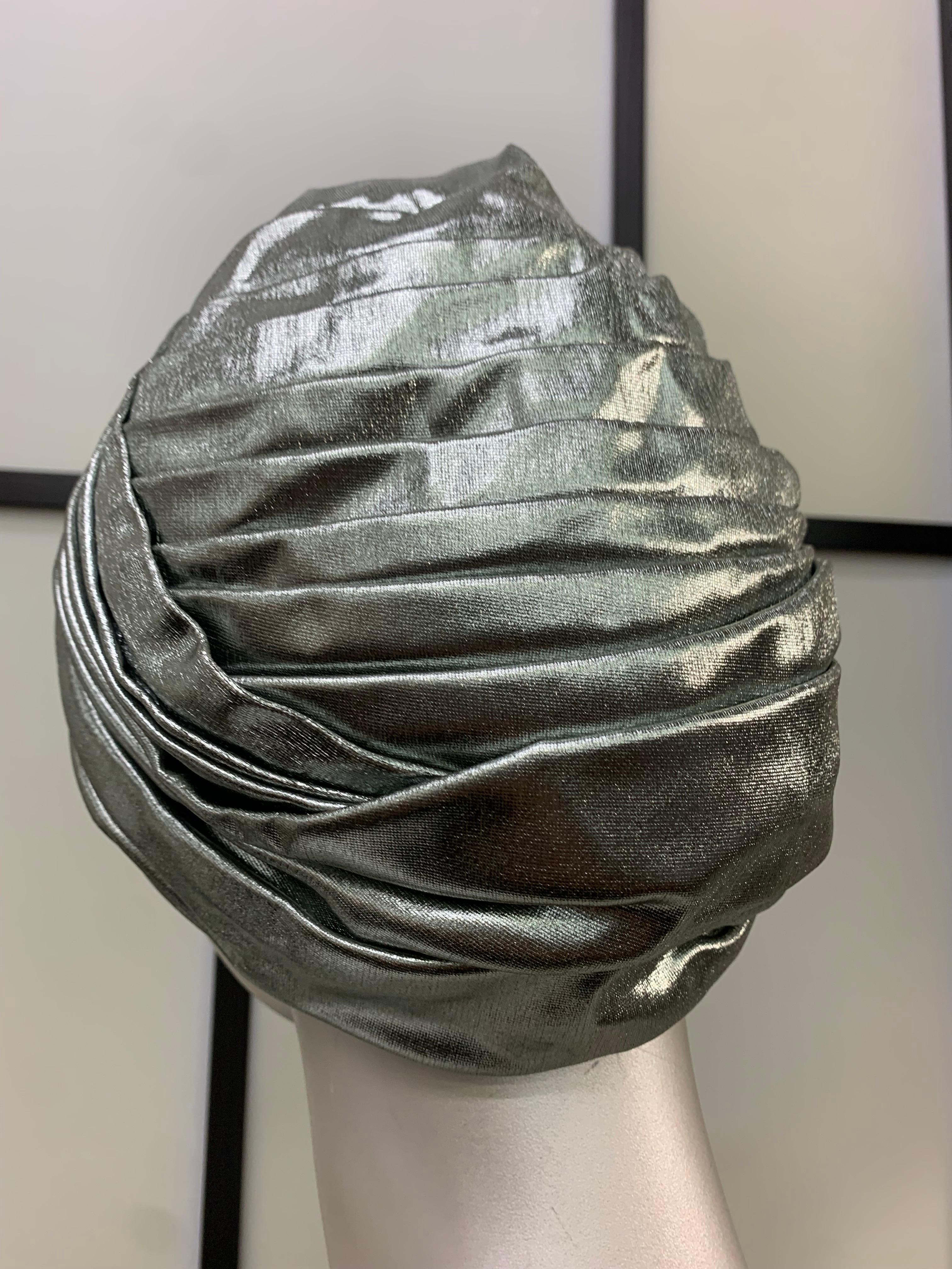 Gray 1960s Christian Dior Pewter Lame Pleated Disco Turban Hat with Front Twist