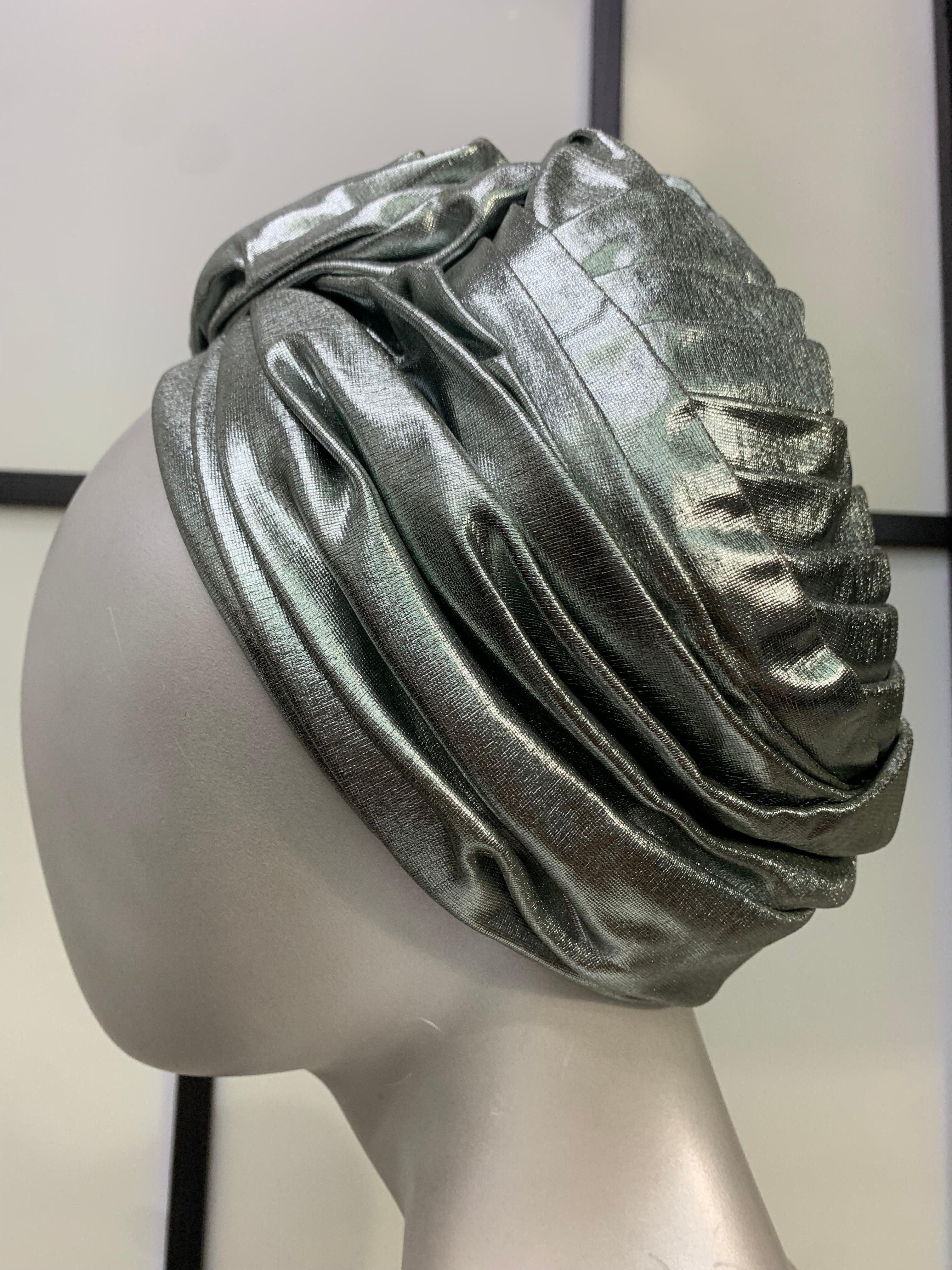 1960s Christian Dior Pewter Lame Pleated Disco Turban Hat with Front Twist In Excellent Condition For Sale In Gresham, OR