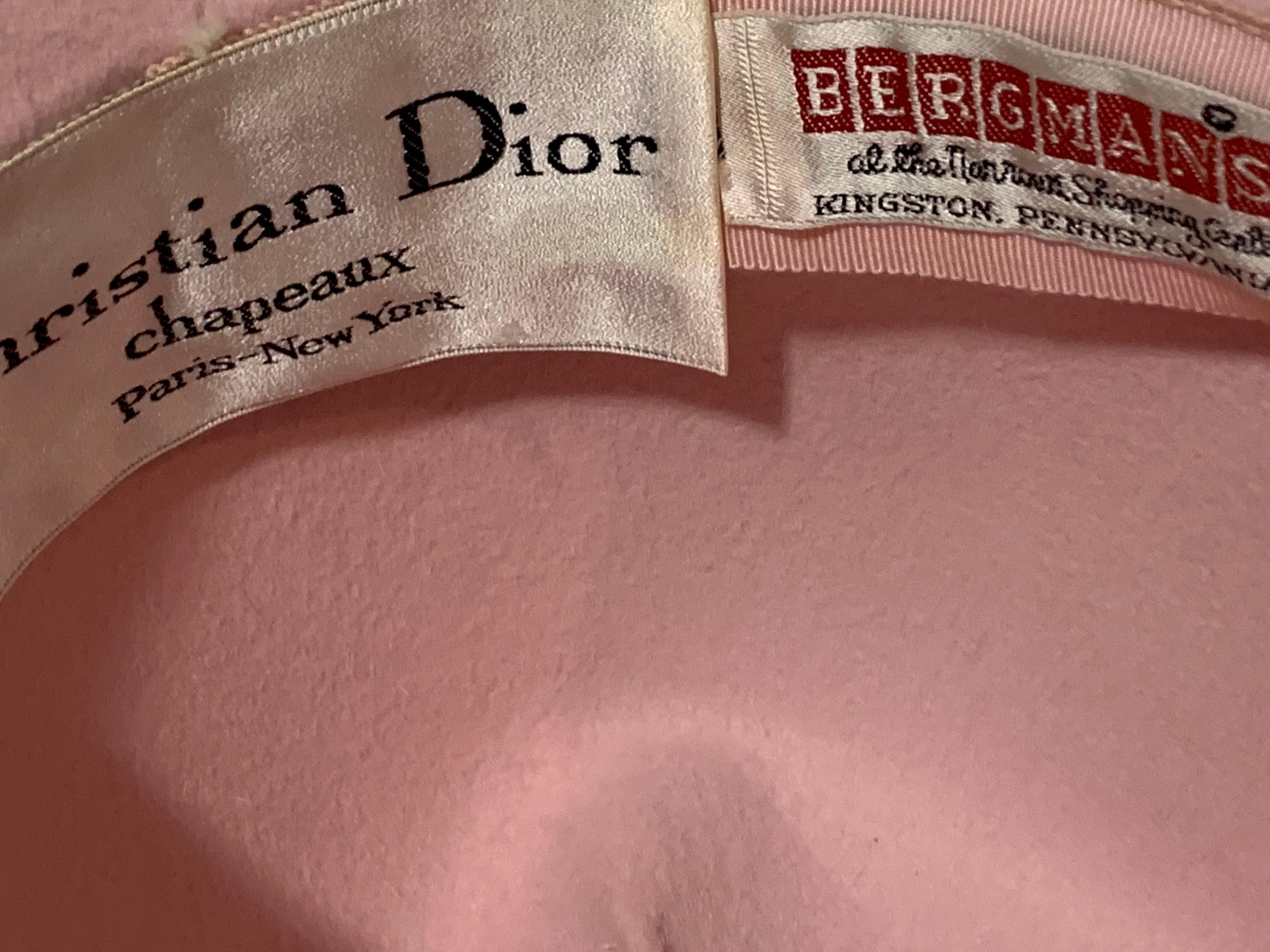 1960s Christian Dior Pretty in Pale Pink Spring Felt Fedora w/ Crochet Details  2