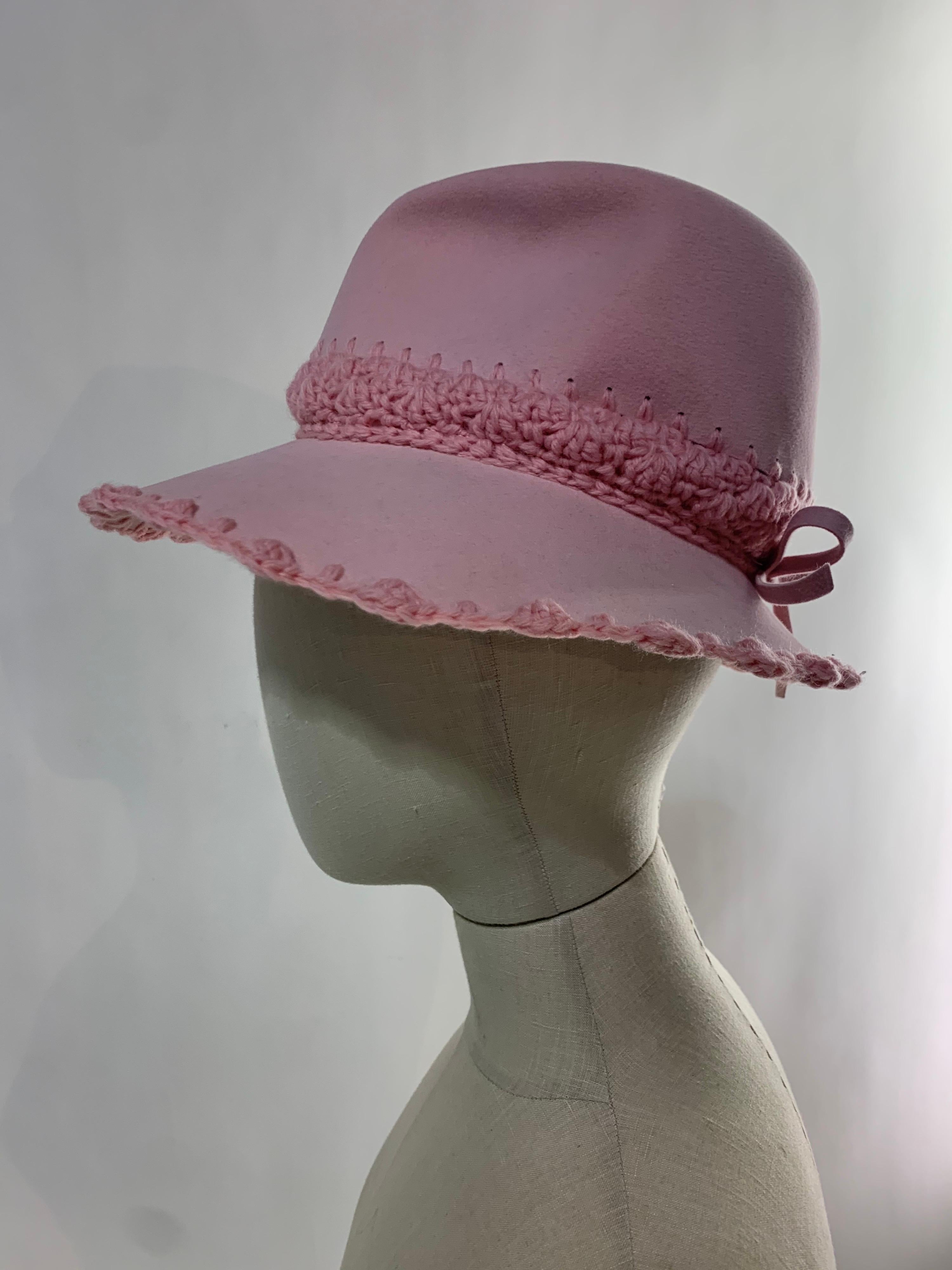 Brown 1960s Christian Dior Pretty in Pale Pink Spring Felt Fedora w/ Crochet Details 