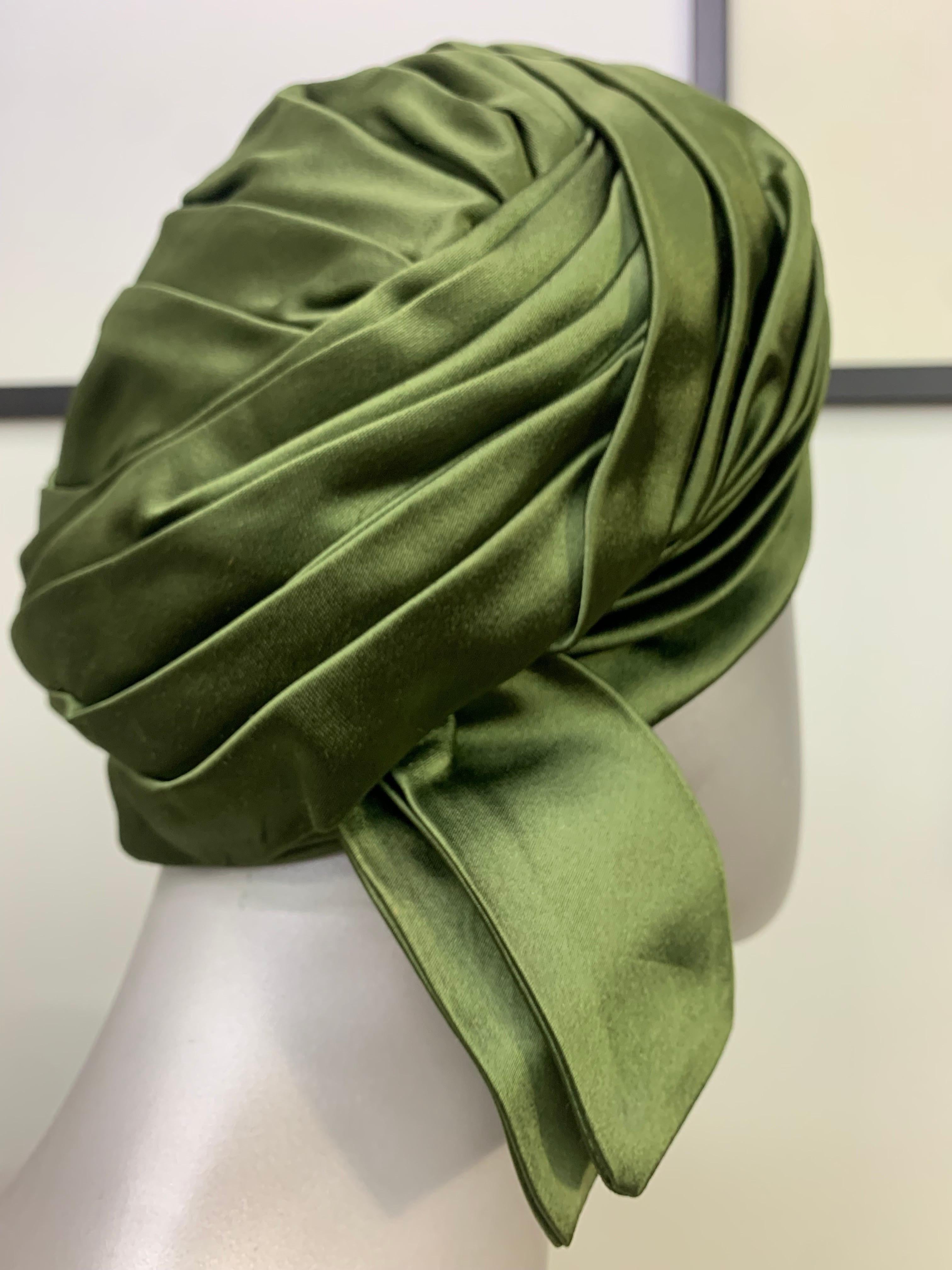 Gray 1960s Christian Dior Sage Green Satin Slouchy Turban Hat For Sale
