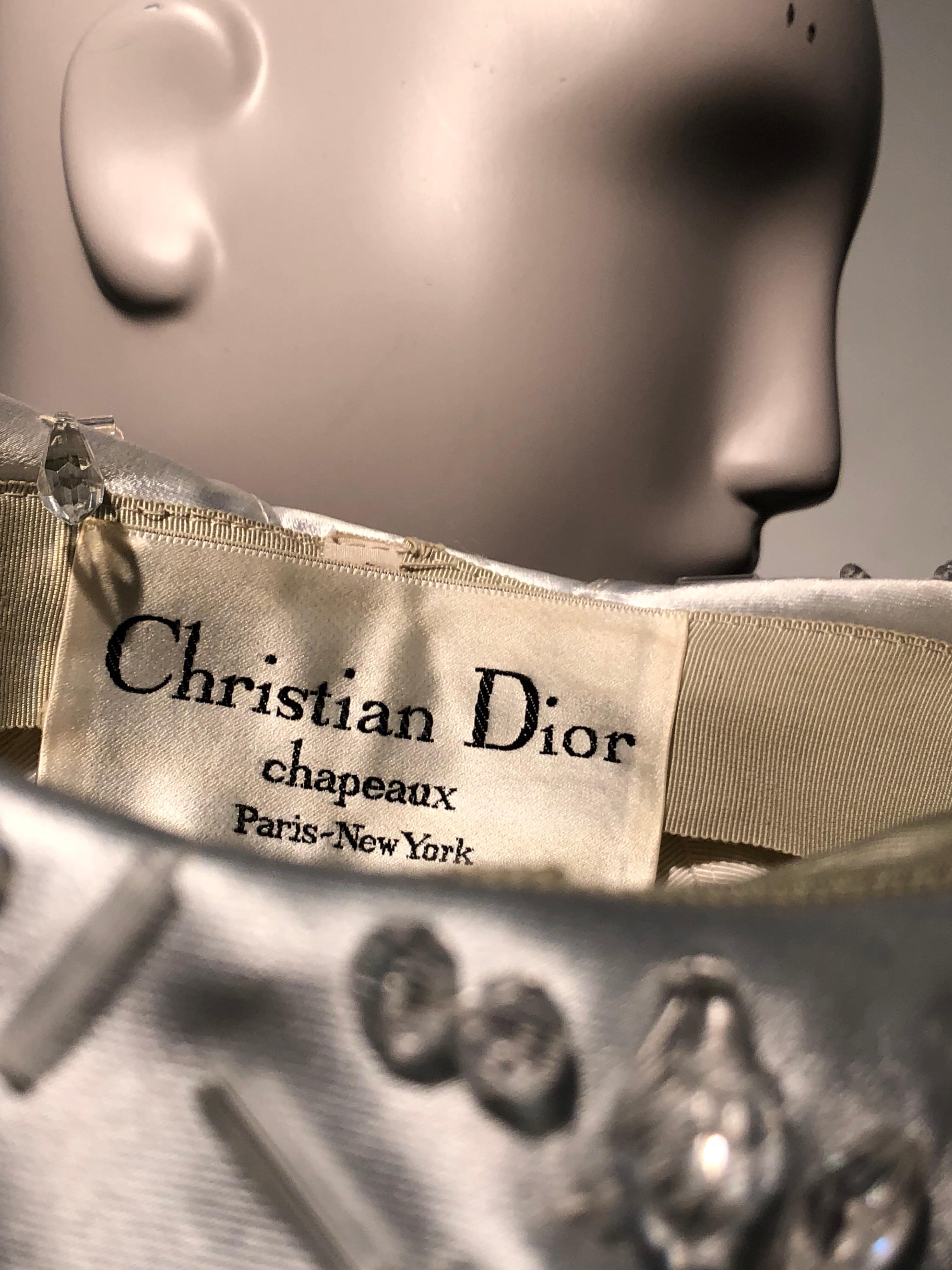 1960s Christian Dior Silver-White Satin Petite Bubble Hat W/ Sparkling Beadwork 7