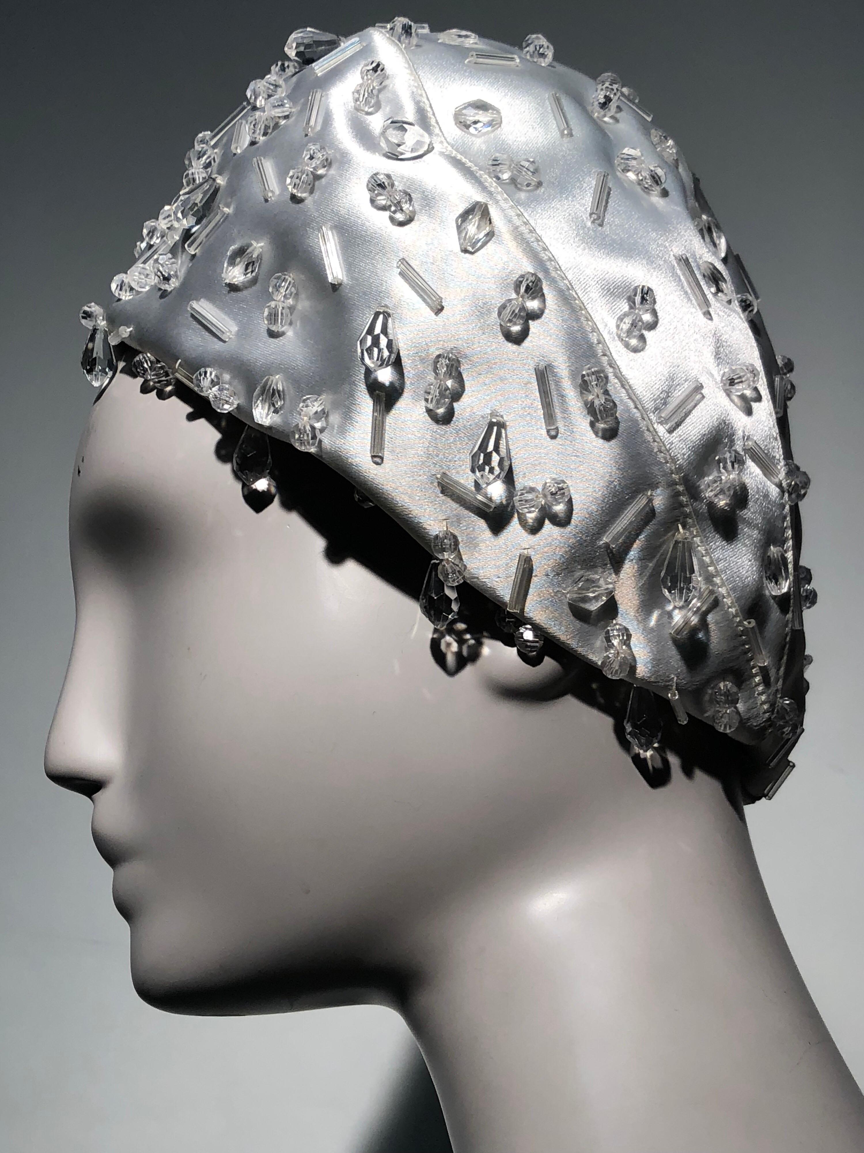 1960s Christian Dior Silver-White Satin Petite Bubble Hat W/ Sparkling Beadwork In Excellent Condition In Gresham, OR